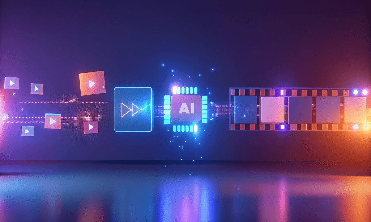 Colorful video icons are processed by an AI chip into a structured film timeline, representing automated AI video editing and faster workflow.