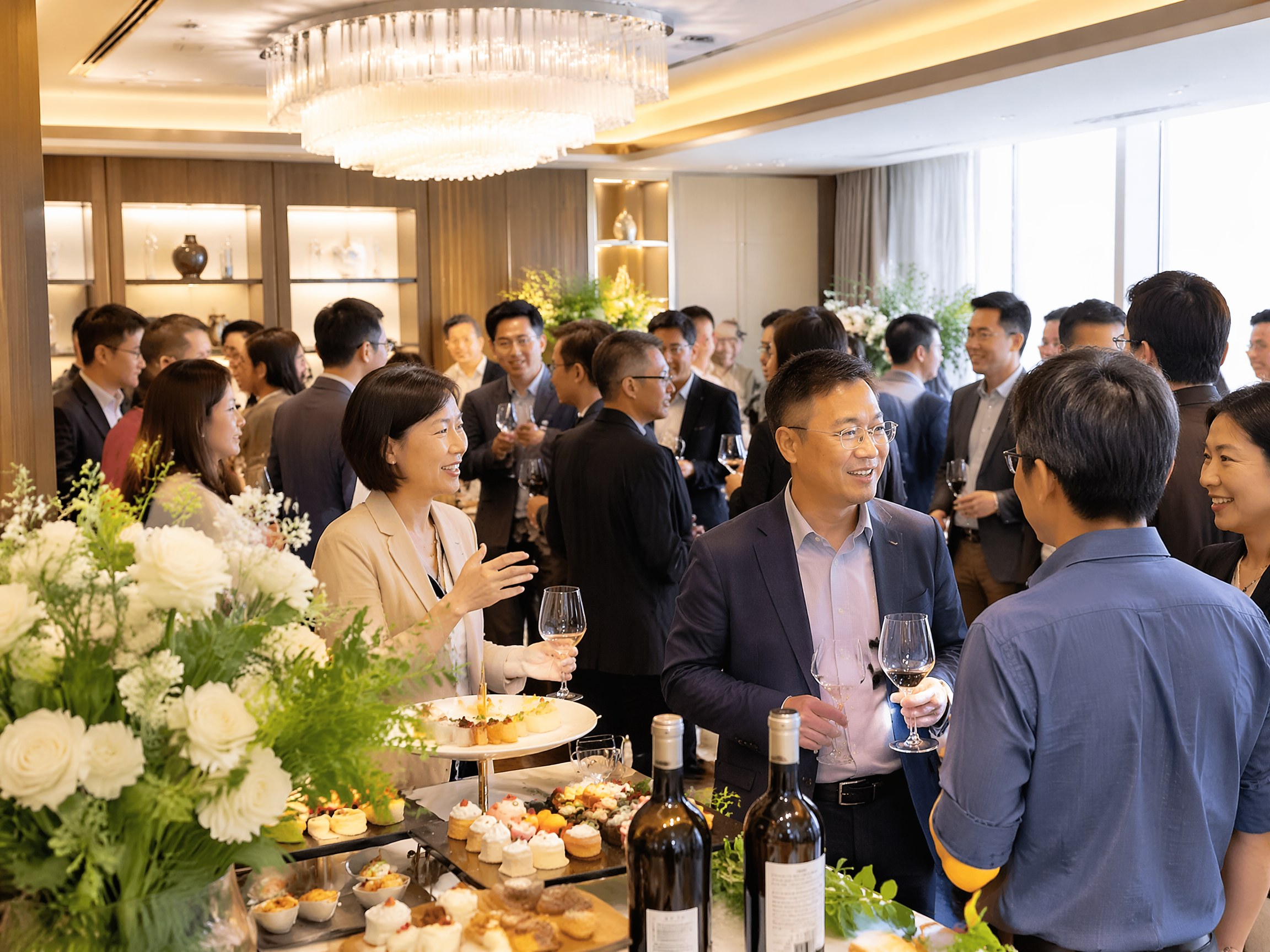 BW Event 360 策劃的高端商務酒會，專業人士於市場推廣活動中交流，現場提供精緻餐飲及花藝佈置。