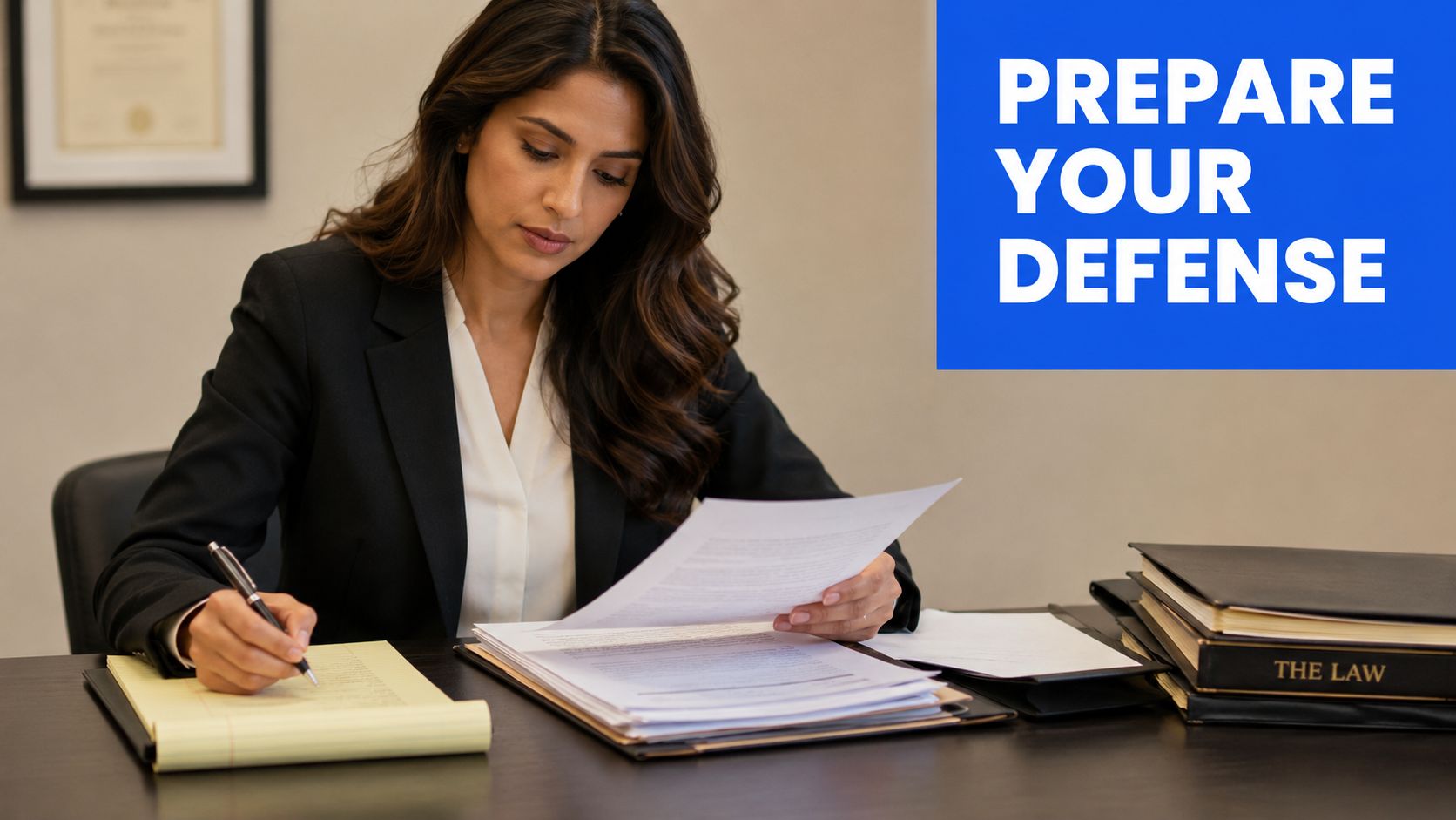 A professional female attorney reviewing legal documents while sitting at her desk in an office.
