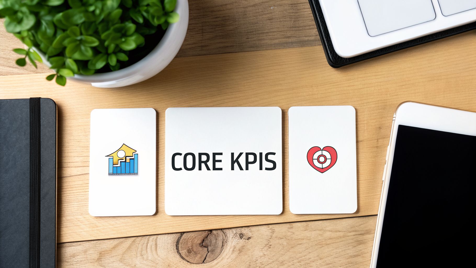 Overhead view of a wooden desk with white cards displaying 'CORE KPIS', growth chart, and target heart icons.