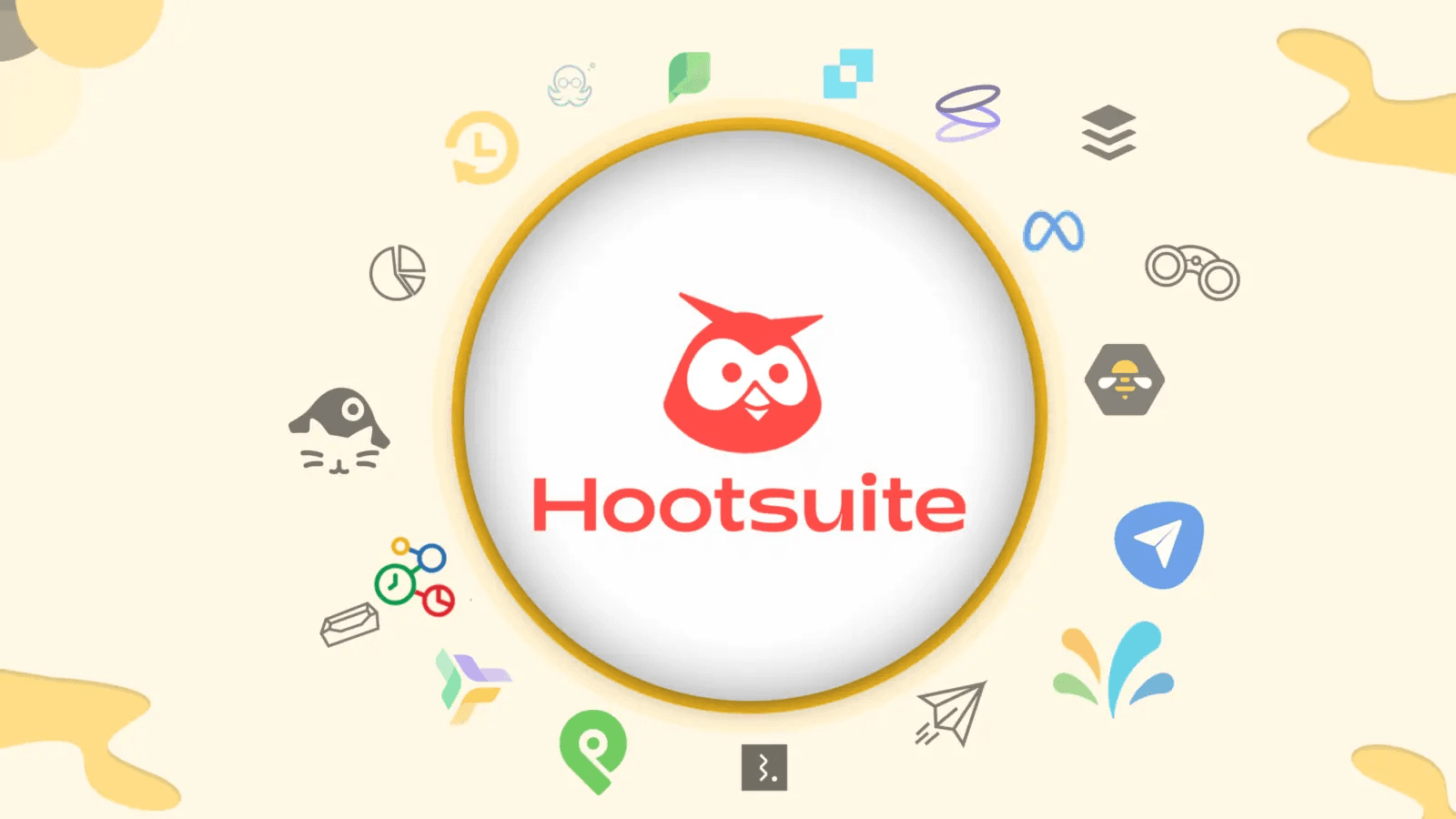 Hootsuite logo surrounded by social icons - Hootsuite Alternative