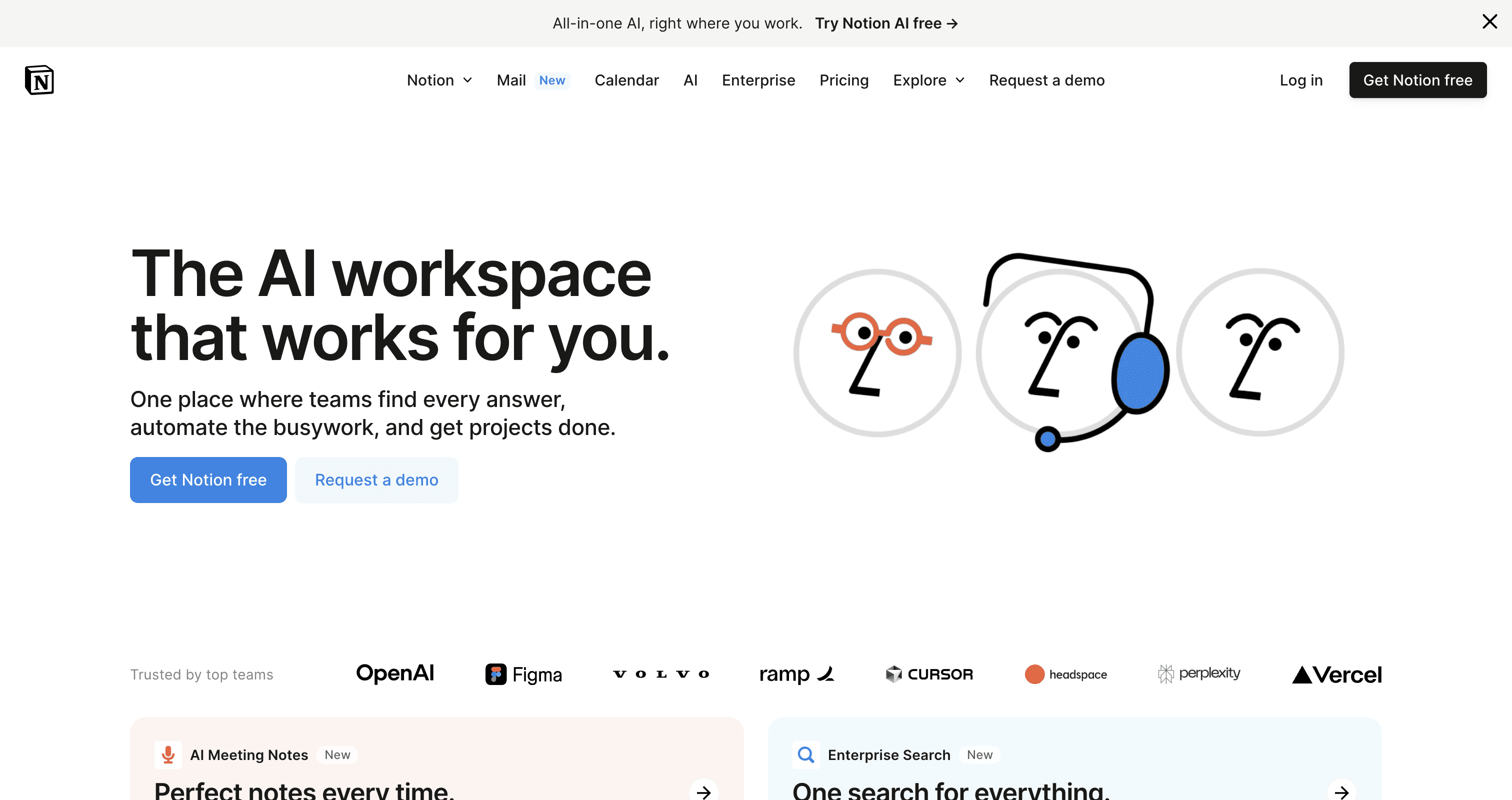 Notion homepage presenting an AI workspace for teams and project management.