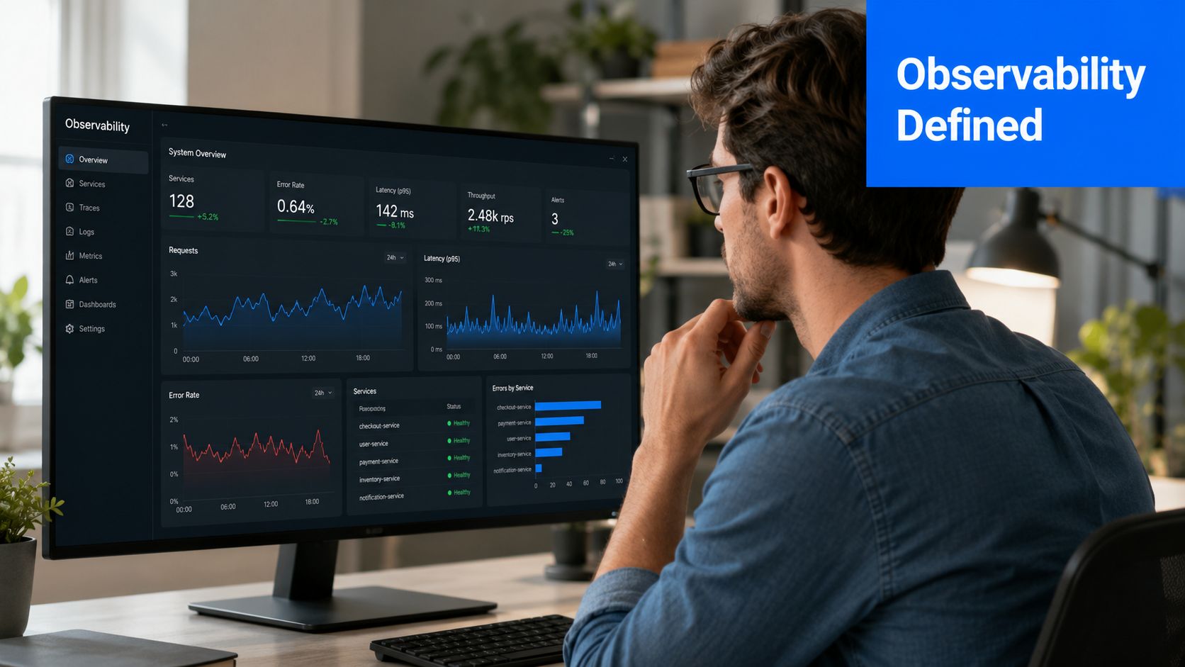 A professional analyzing a comprehensive system observability dashboard on a computer screen in an office.