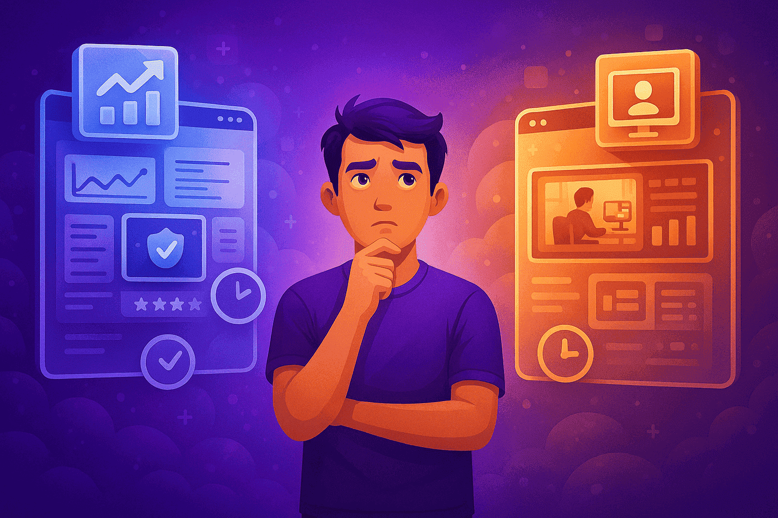 Illustration of a person standing between two digital monitoring dashboards, one focused on contextual productivity analytics and the other on live activity visibility, representing a monitoring platform comparison