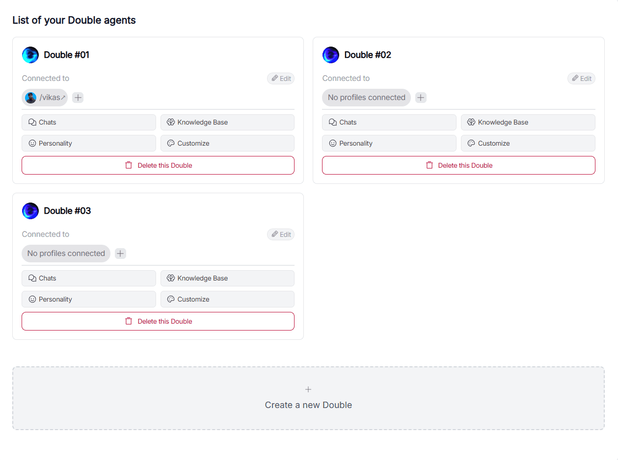 Double AI twin management dashboard listing multiple agents
