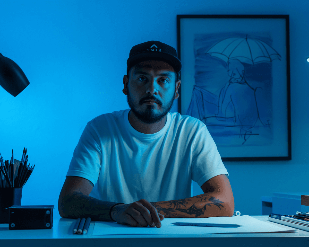 Man in a white t-shirt and cap sits at a desk under moody blue lighting. Art supplies and a framed sketch of figures under an umbrella are visible.
