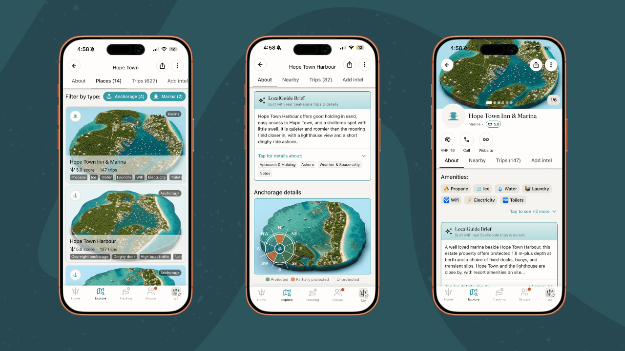 Three SeaPeople app screens showing destination profiles with SeaPeople Scores, Local Guide insights, and ranked places within Hope Town.
