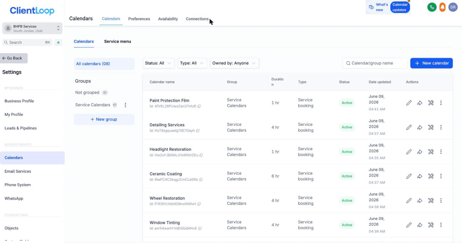 The list of booking calendars — one per service, plus consultation