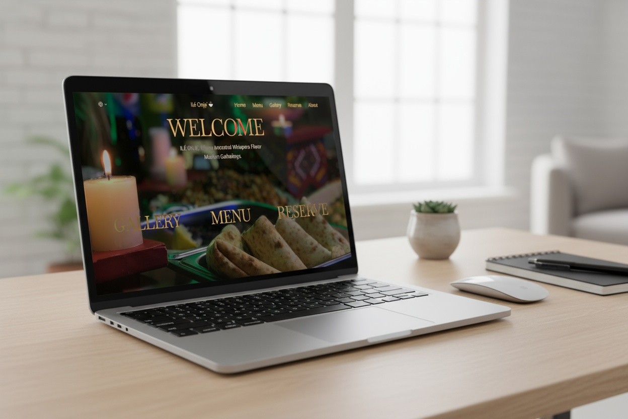 Image of laptop open with ile onje website on it's screen