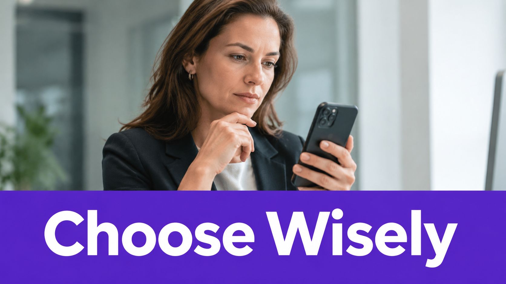 A professional woman looking thoughtfully at her smartphone while sitting in a bright modern office.