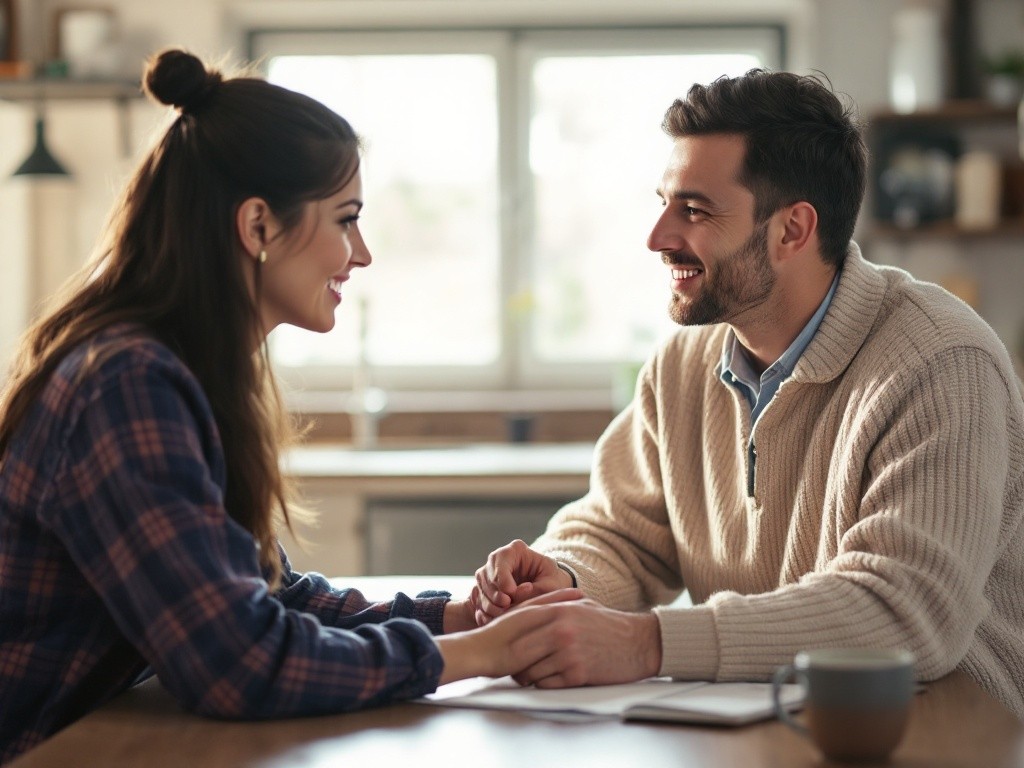 A couple sitting at a table looking at each other and smiling.