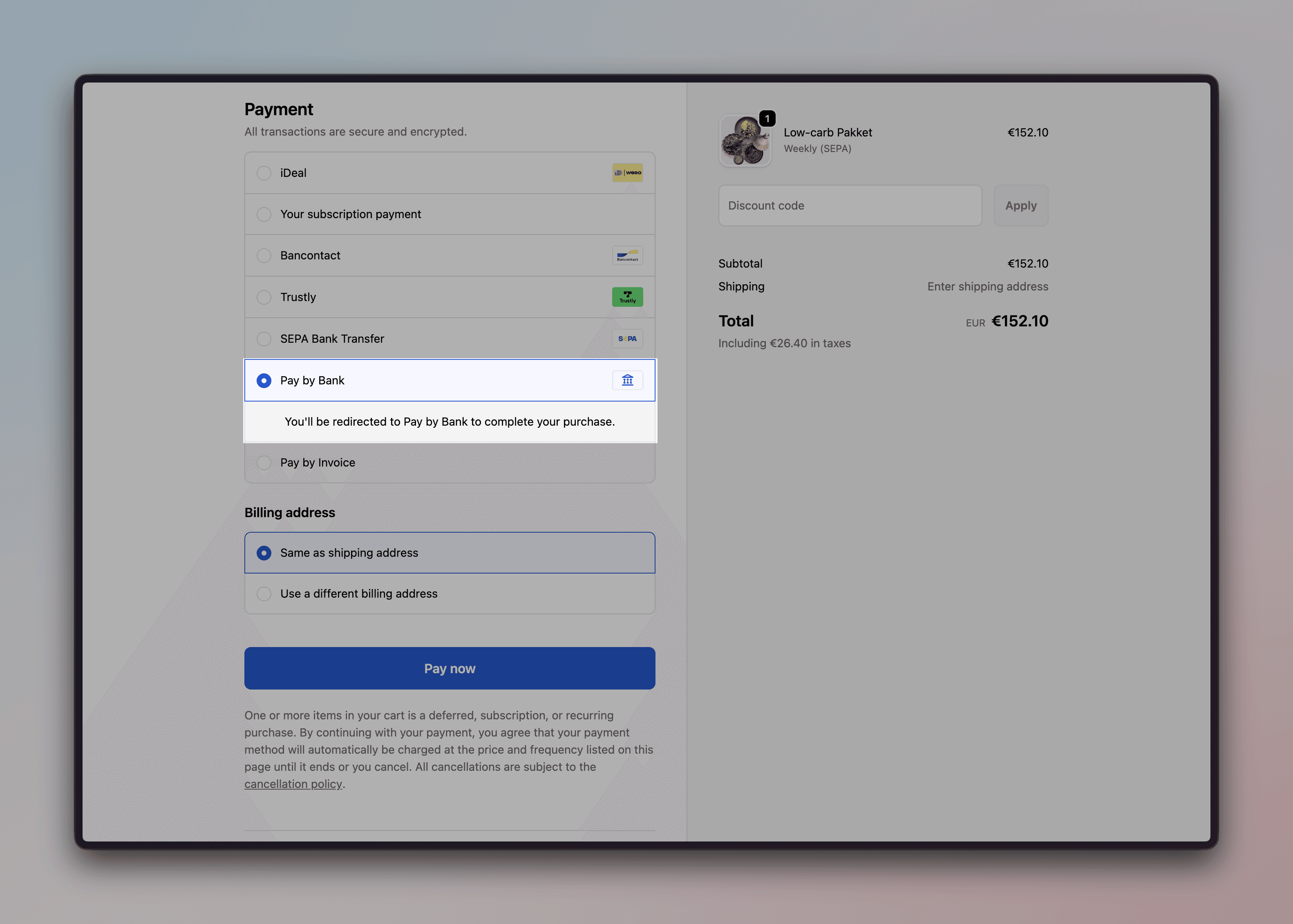 Pay by Bank method for subscriptions by Mollei