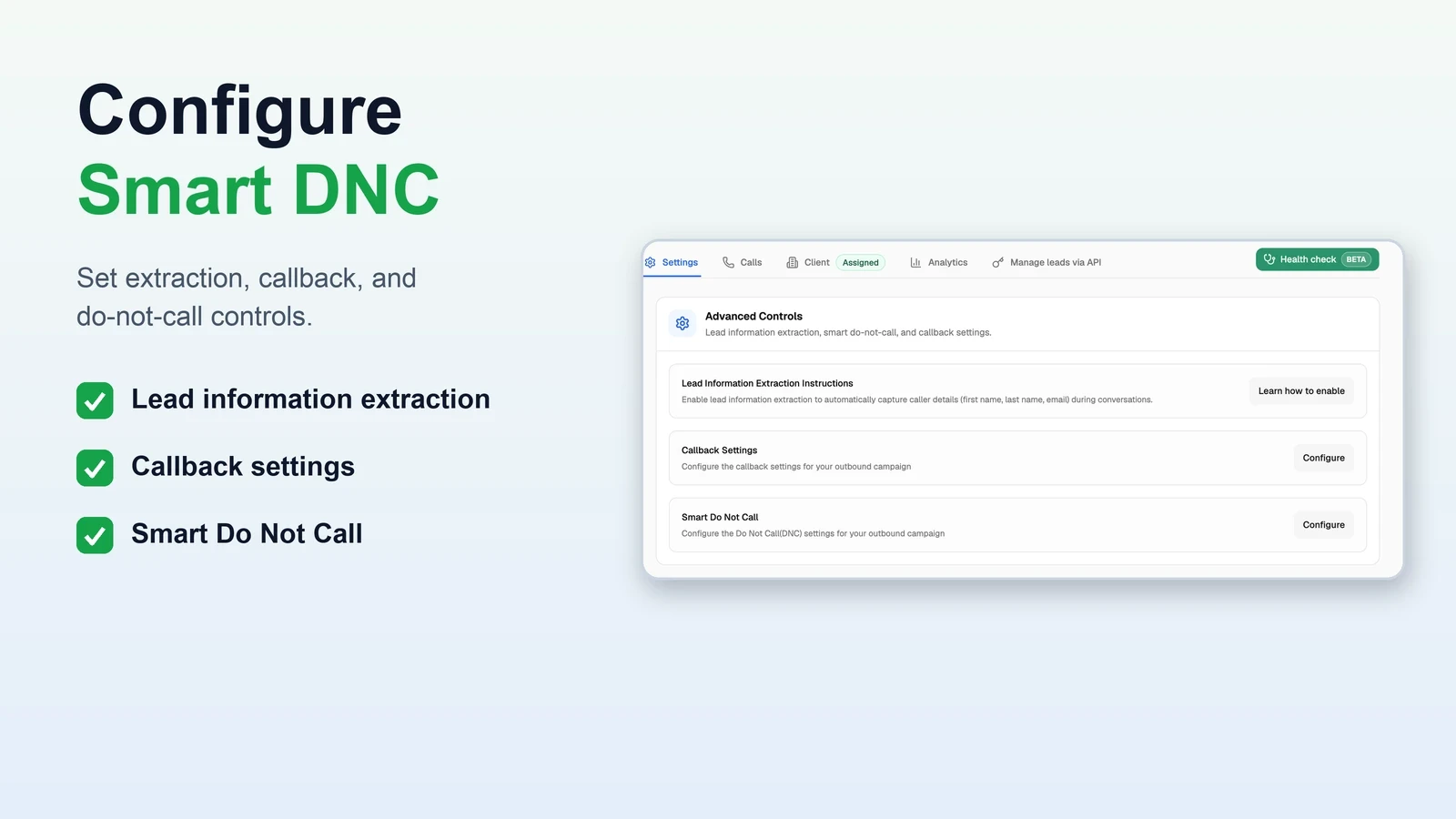 VoiceAIWrapper Advanced Controls for lead extraction, callbacks, Smart Do Not Call, and campaign health checks.