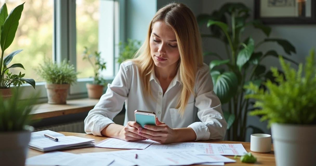 Nutricionista digitando mensagens repetitivas no WhatsApp, com papéis e planilhas ao redor 
