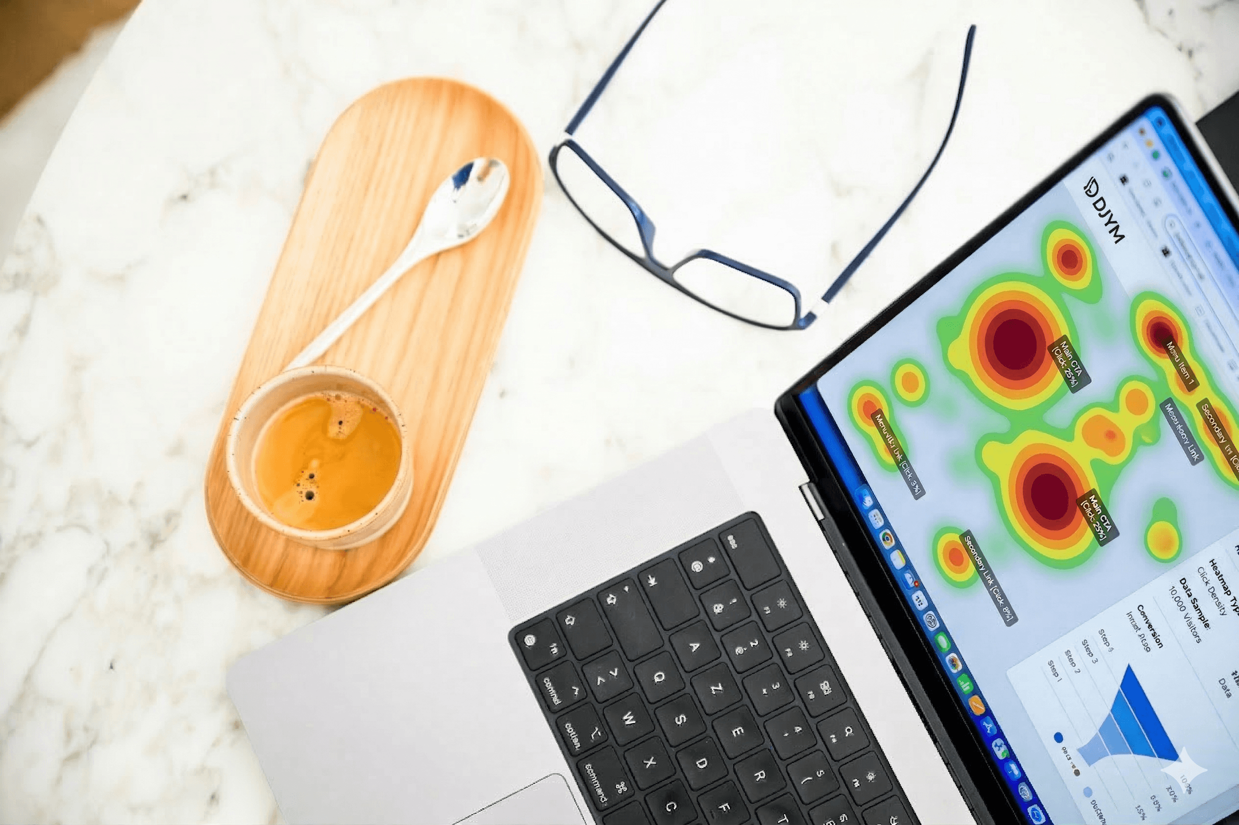 Laptop met heatmap op het scherm, koffie en bril ernaast