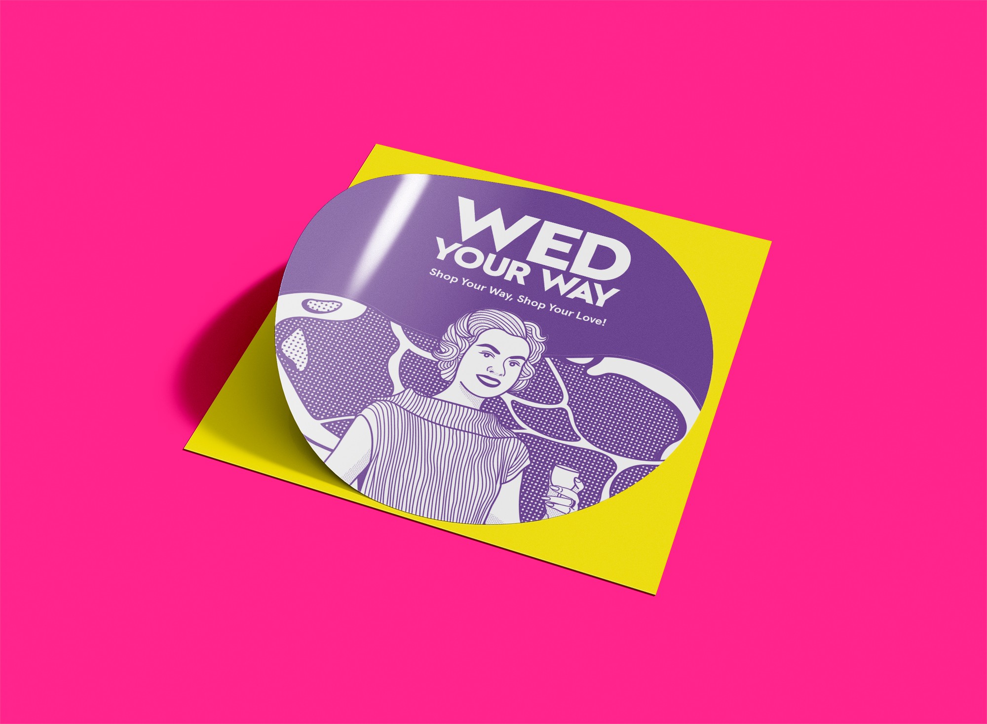 這張圖片展示了WED YOUR WAY的圓形宣傳貼紙。貼紙上有一個復古風格的女性數位插畫，背景是紫色。