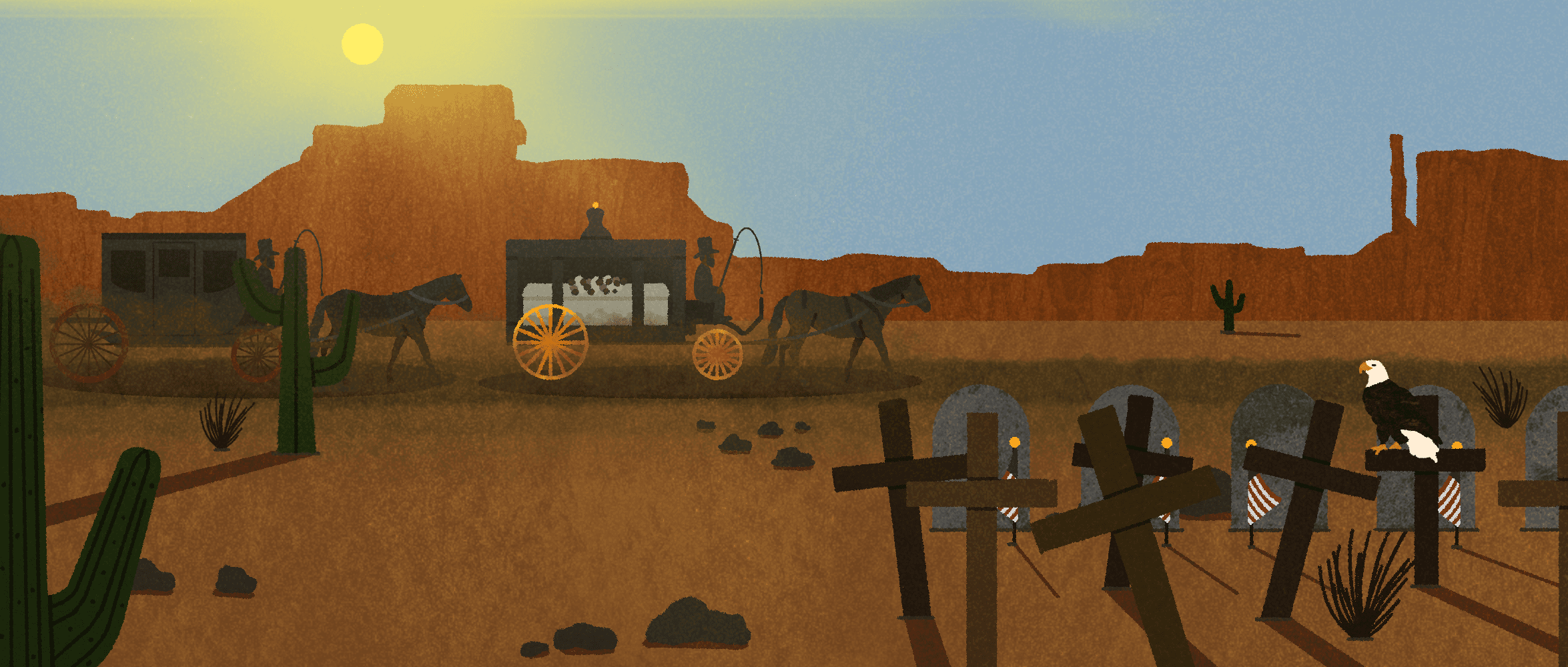Illustration of a late 19th century funeral procession in the middle of the Old West desert.