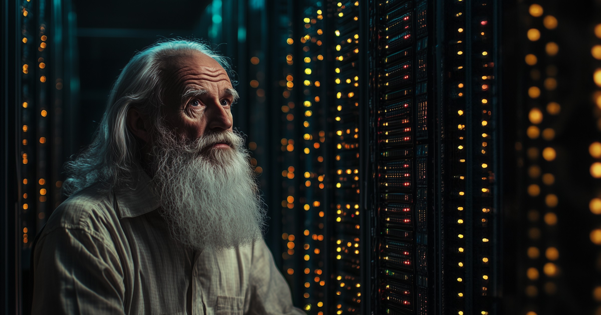 Old man with a beard in front of computers