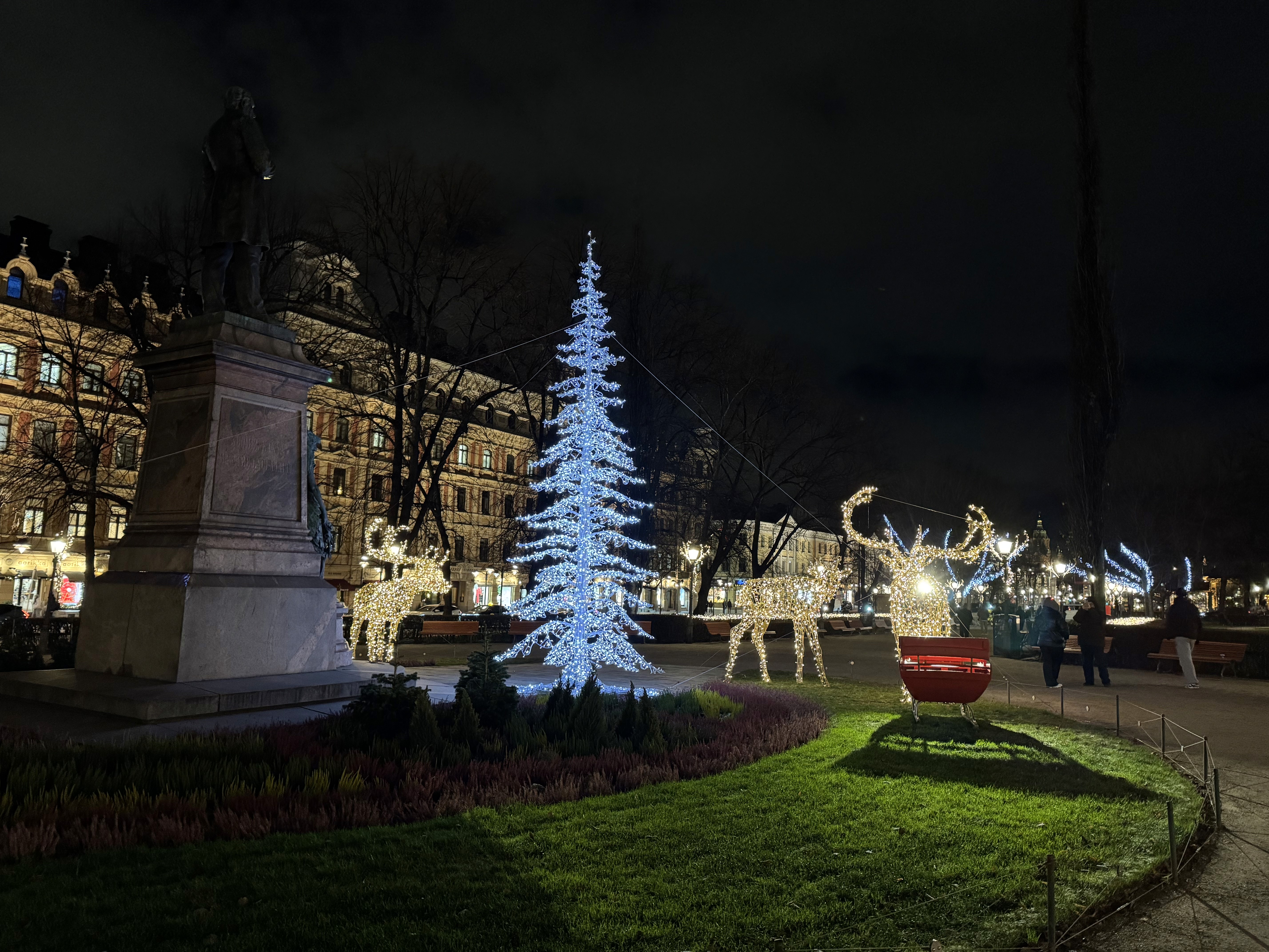 Decorations at Esplanade Park in Helsinki, Finland, featuring an illuminated Christmas tree with blue-white lights and reindeer figures with golden lights.