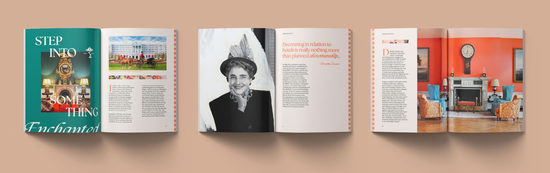 Three spreads from the Greenbrier coffee table book.