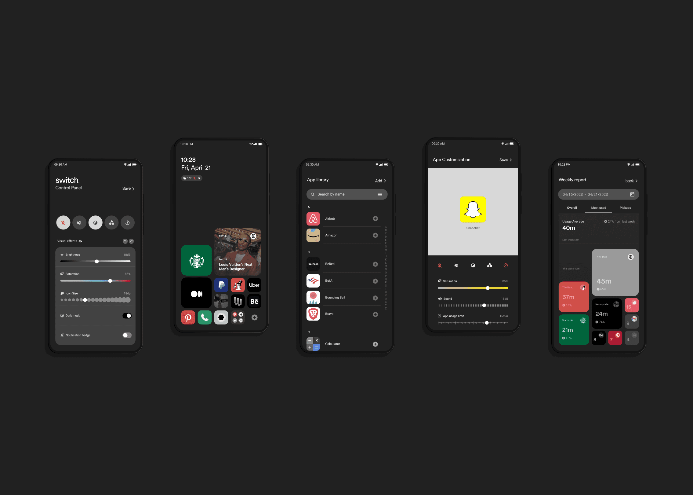Five smartphones are displayed on a dark background, each showing different screens. The leftmost phone displays “switch: Control Center” with icons for settings, contacts, messaging, and settings. The center phone shows “Add”, “Browser”, and “Apps” icons. The rightmost phone displays “App Customization” with a Snapchat logo. The screens show various app icons and status indicators.