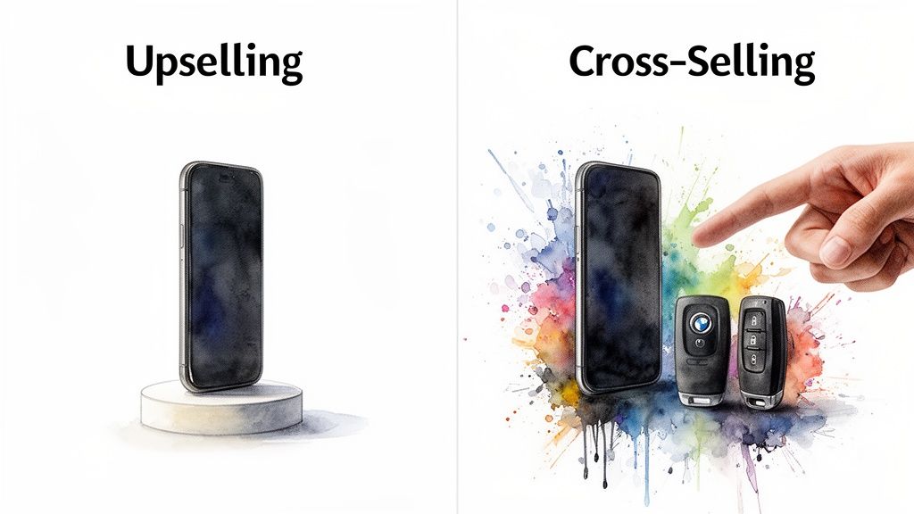 Illustration contrasting upselling a smartphone versus cross-selling it with car keys.