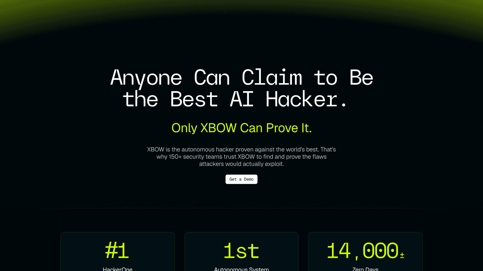 XBOW homepage with the headline Anyone Can Claim to Be the Best AI Hacker, Only XBOW Can Prove It