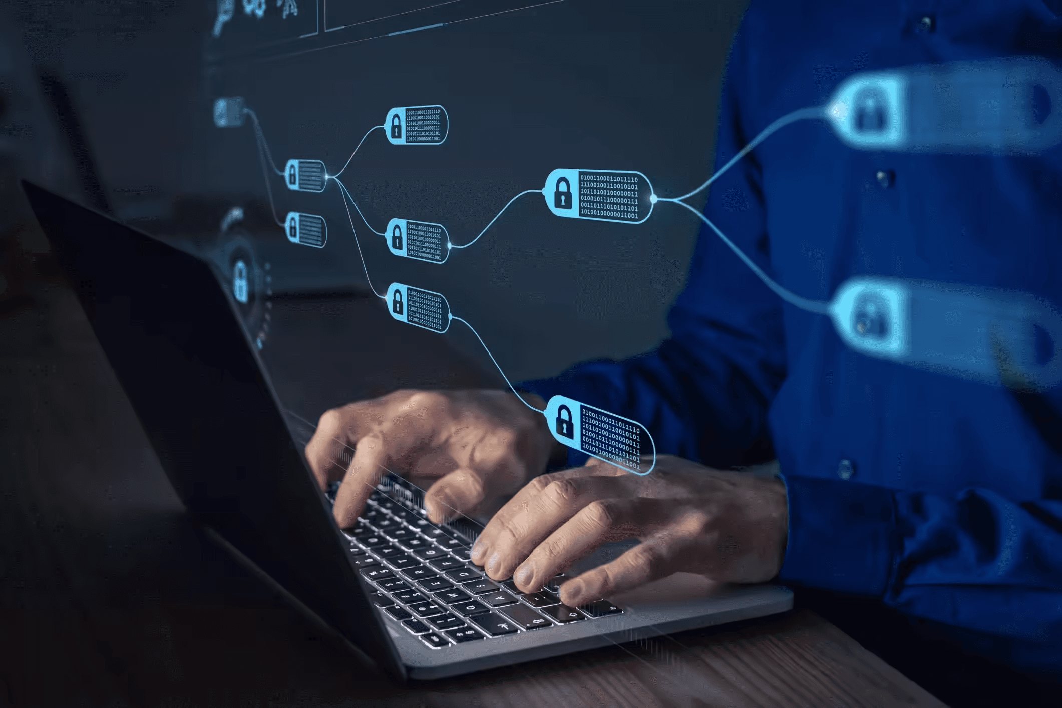 Person typing on secure blockchain network - Varonis Alternatives