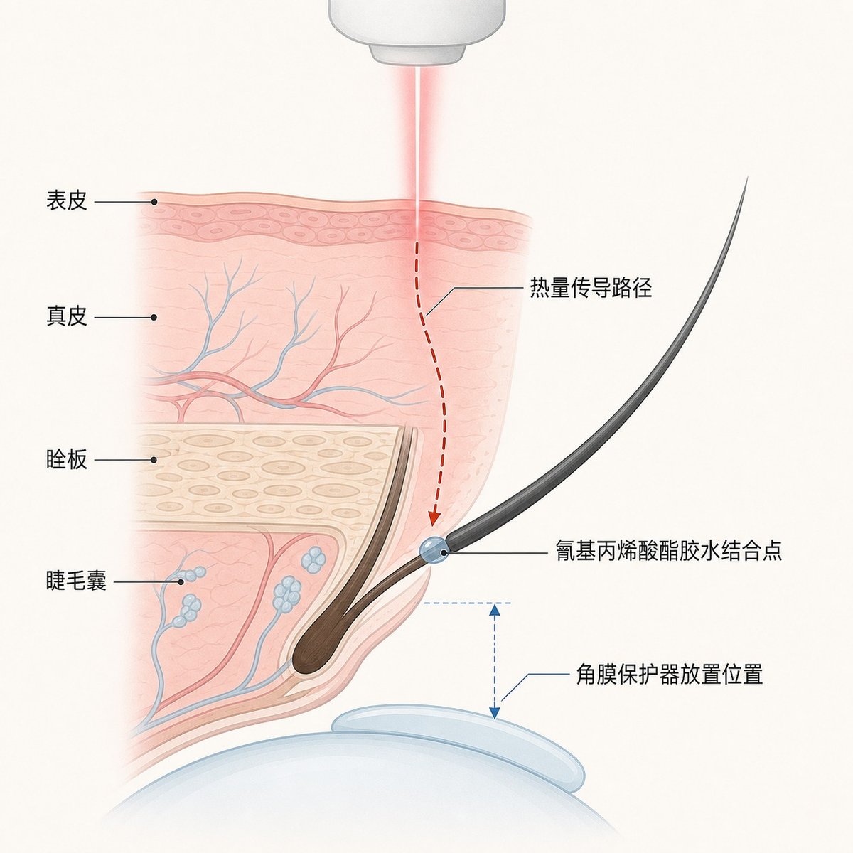 眼睑皮肤层次与睫毛延伸胶水位置的横截面示意图，显示激光热量如何沿皮肤层传导至胶水结合点