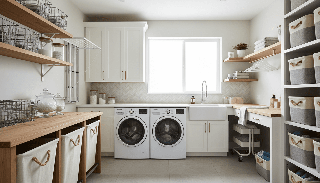 Contemporary laundry room with white cabinetry, large window, stylish storage solutions, double washer and dryer, wooden countertops, and organized baskets, providing a functional and aesthetically pleasing environment for laundry.