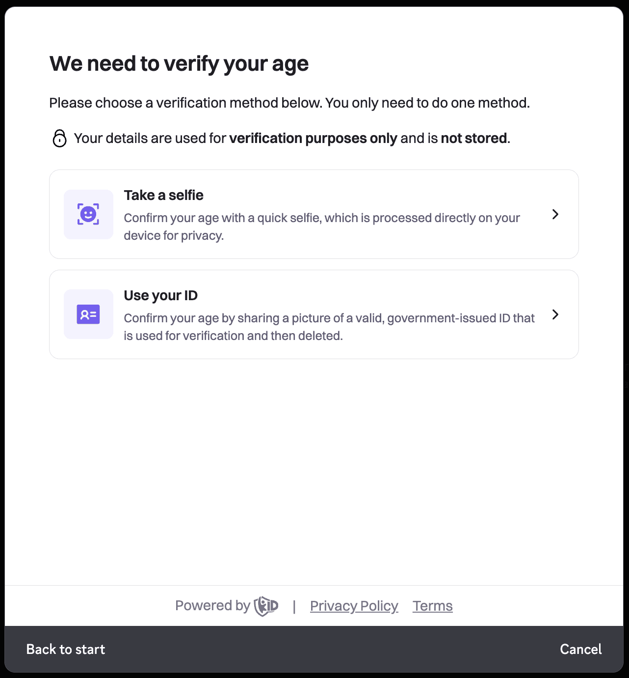 Discord age assurance screen showing selfie or ID verification options