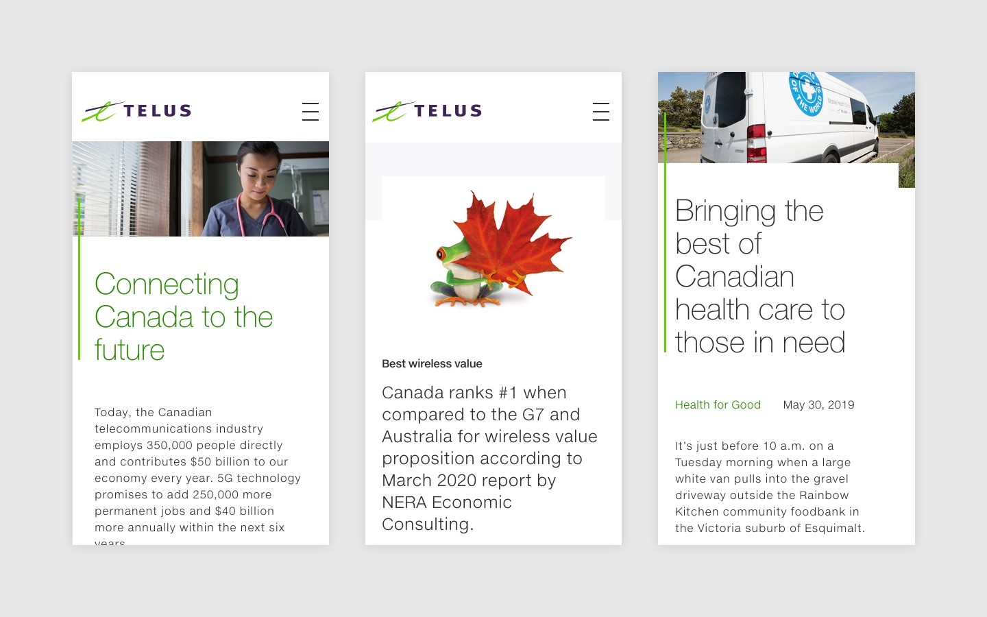 Key mobile screens for Connecting Canada for Good, show how the editorial structure of the desktop layouts translates to mobile screens.