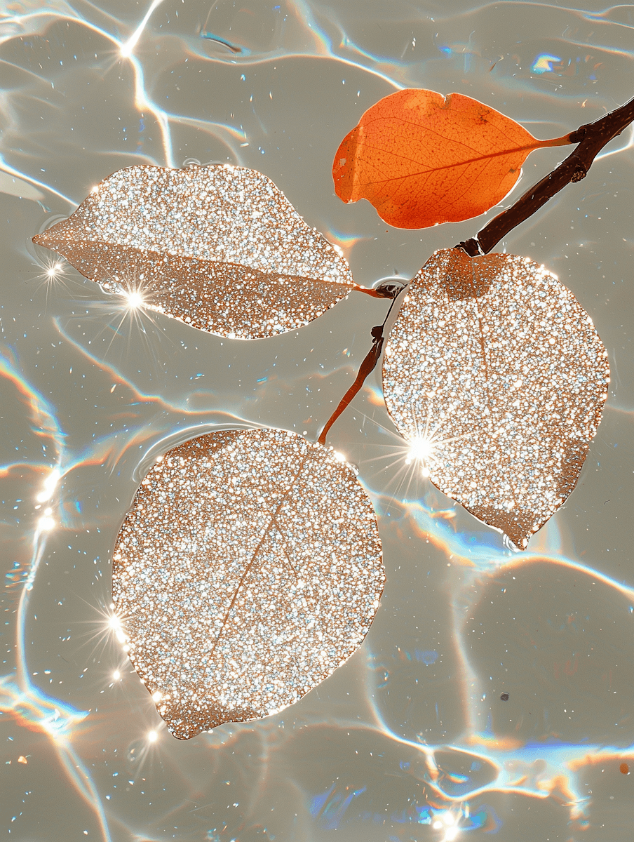 Glitter covered leaves float on rippling water with light reflections.