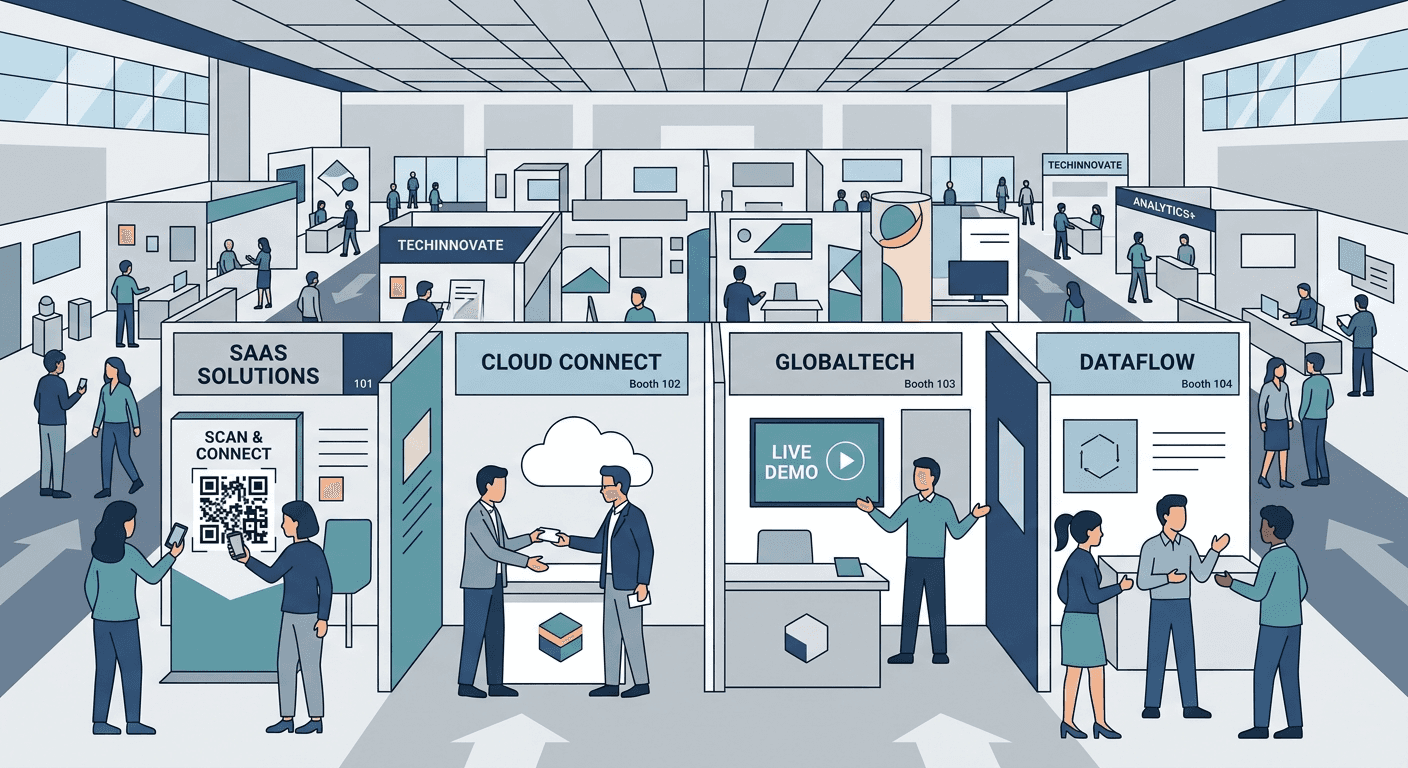 Vector illustration of a crowded trade show with networking and QR badge scanning