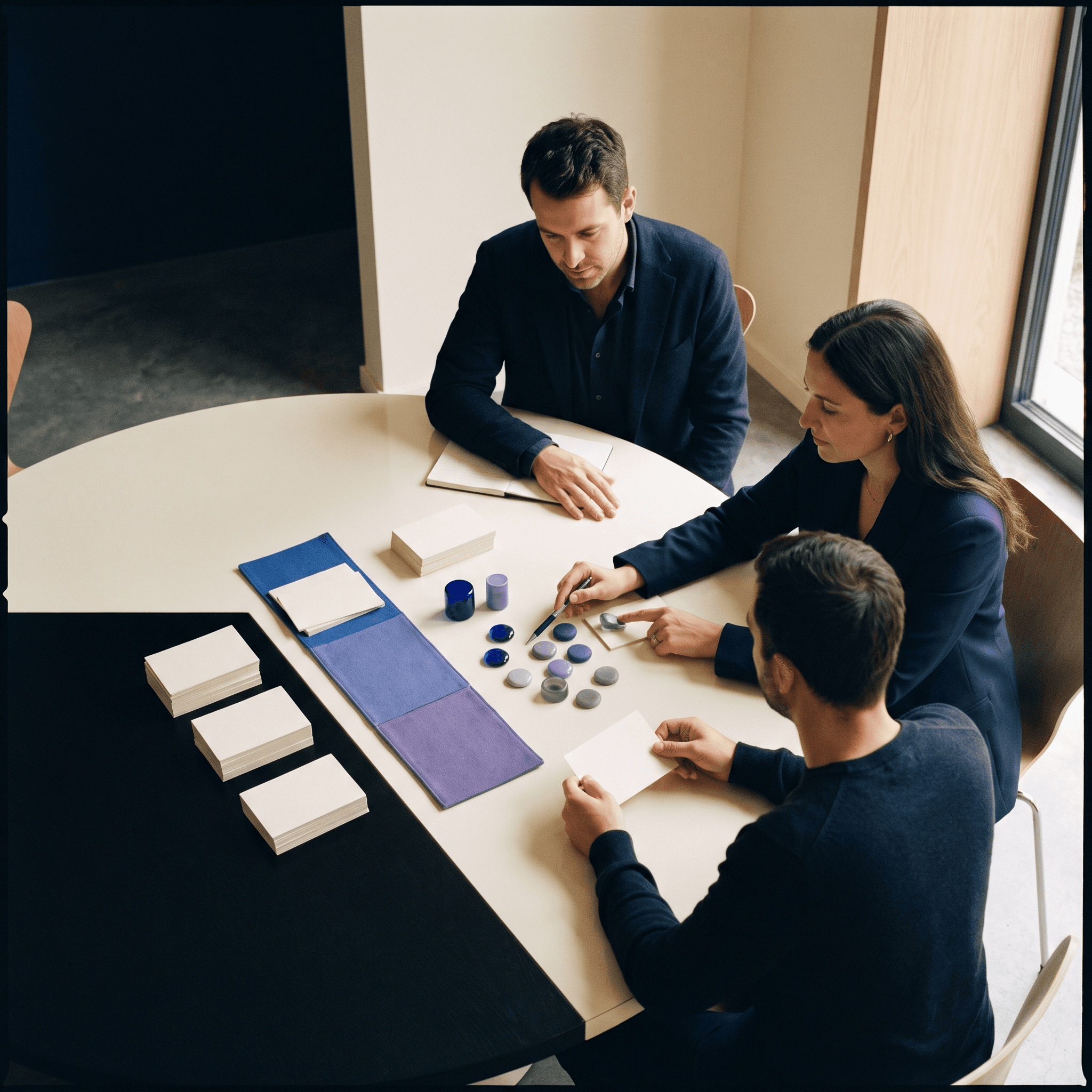 Change leaders arranging a phased adoption strategy with stakeholder cards and planning artifacts around a table.