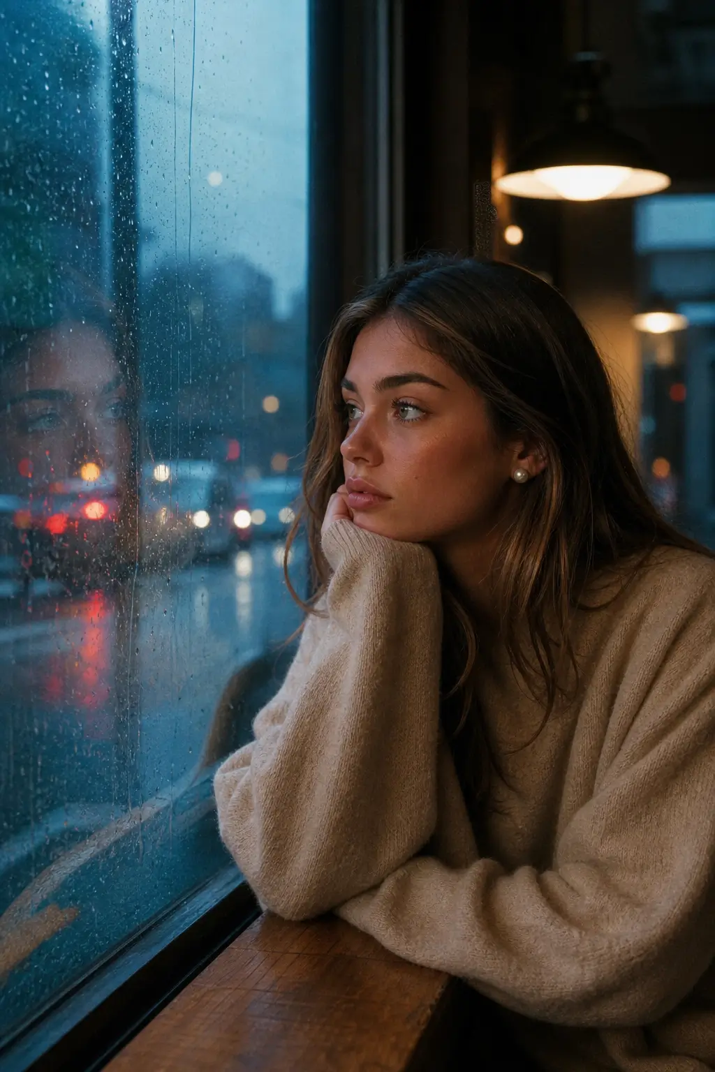 AI-generated cinematic portrait of a thoughtful woman beside a rain-covered window illuminated by city lights.