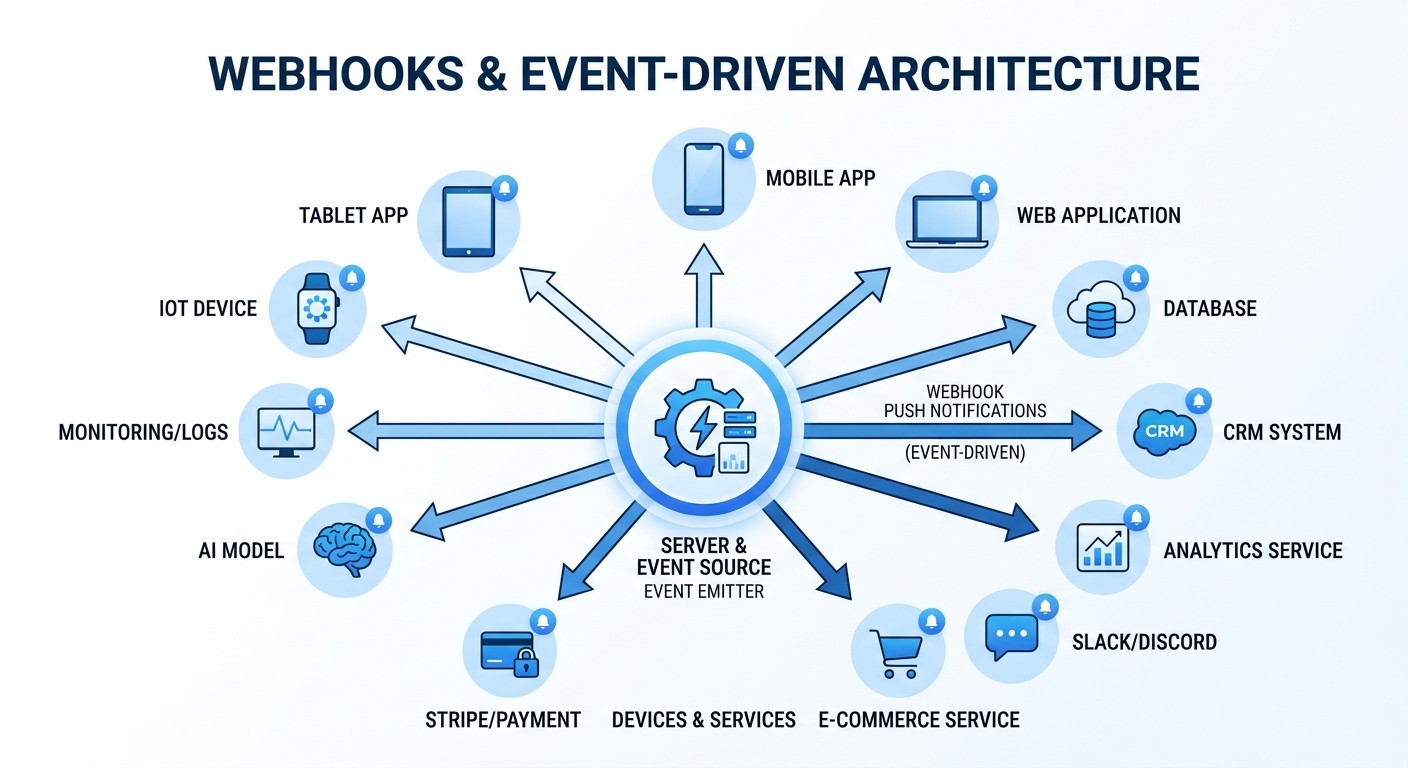 Flat illustration of a server pushing webhook notifications outward to multiple connected devices and services.