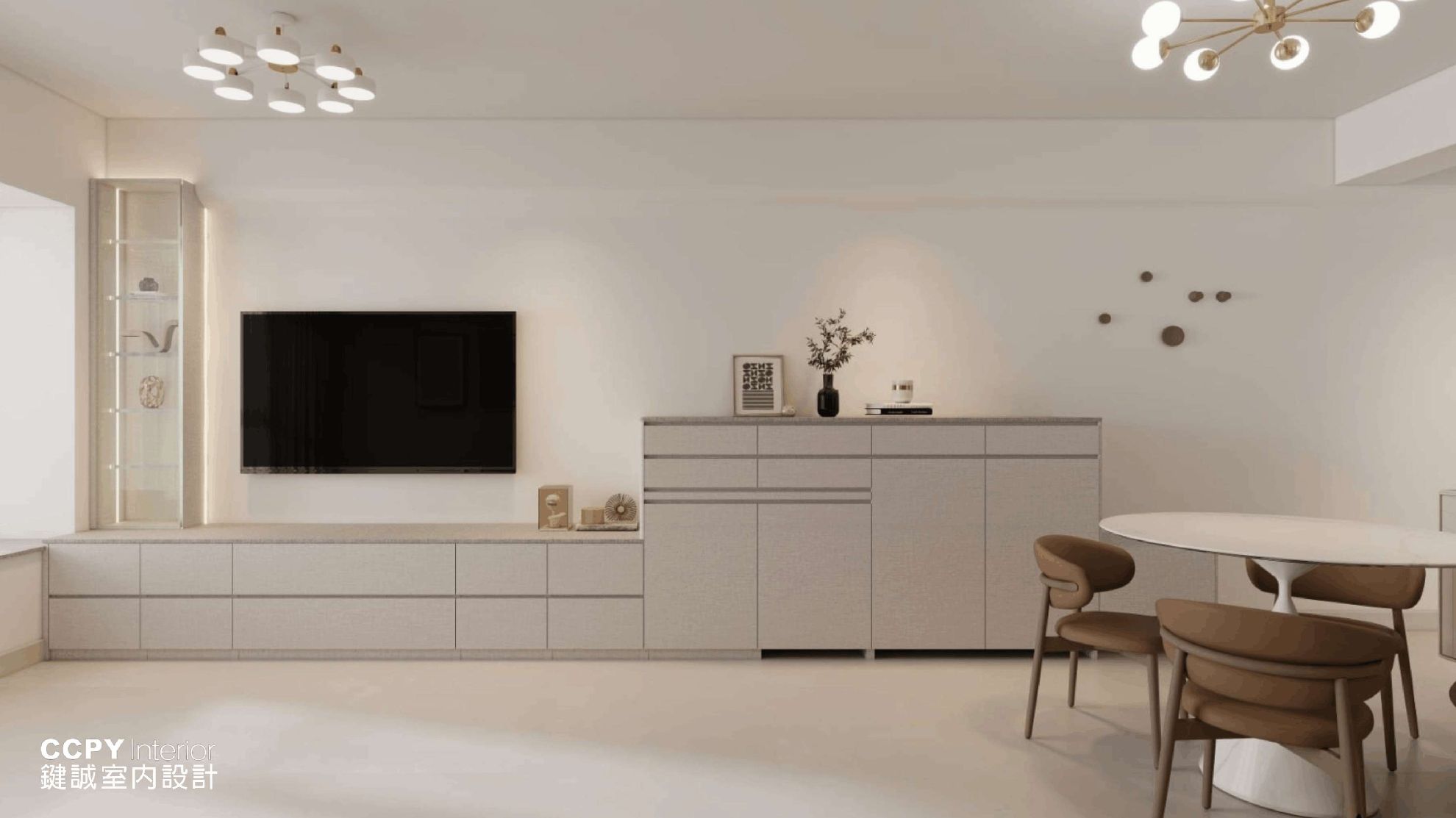 Strategically placed, this streamlined media console anchors the living area, offering functional storage while maintaining a clean, minimalist aesthetic for contemporary residential design.