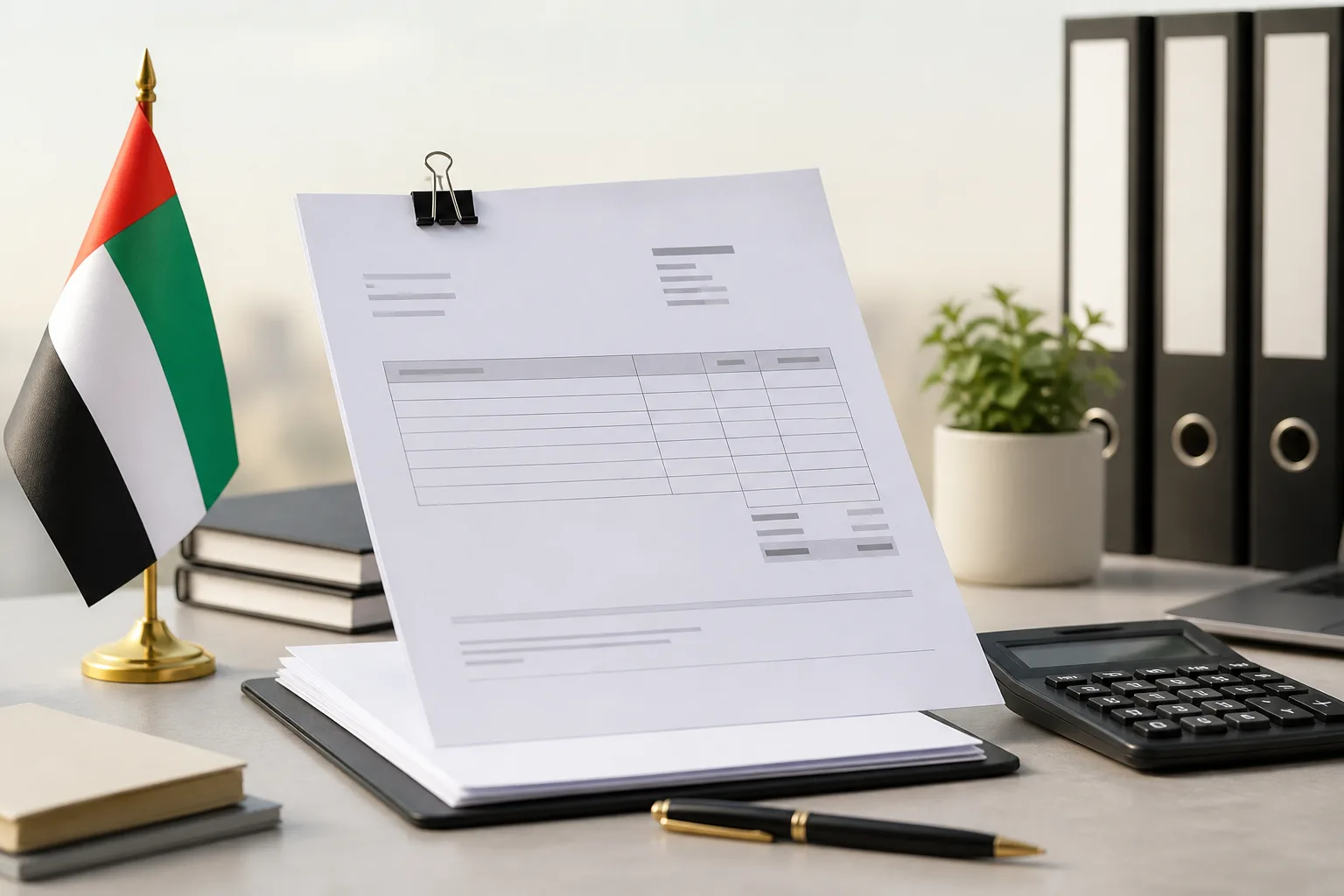 Tax Invoice Requirements in the UAE beside a tax filing dashboard and a document checklist
