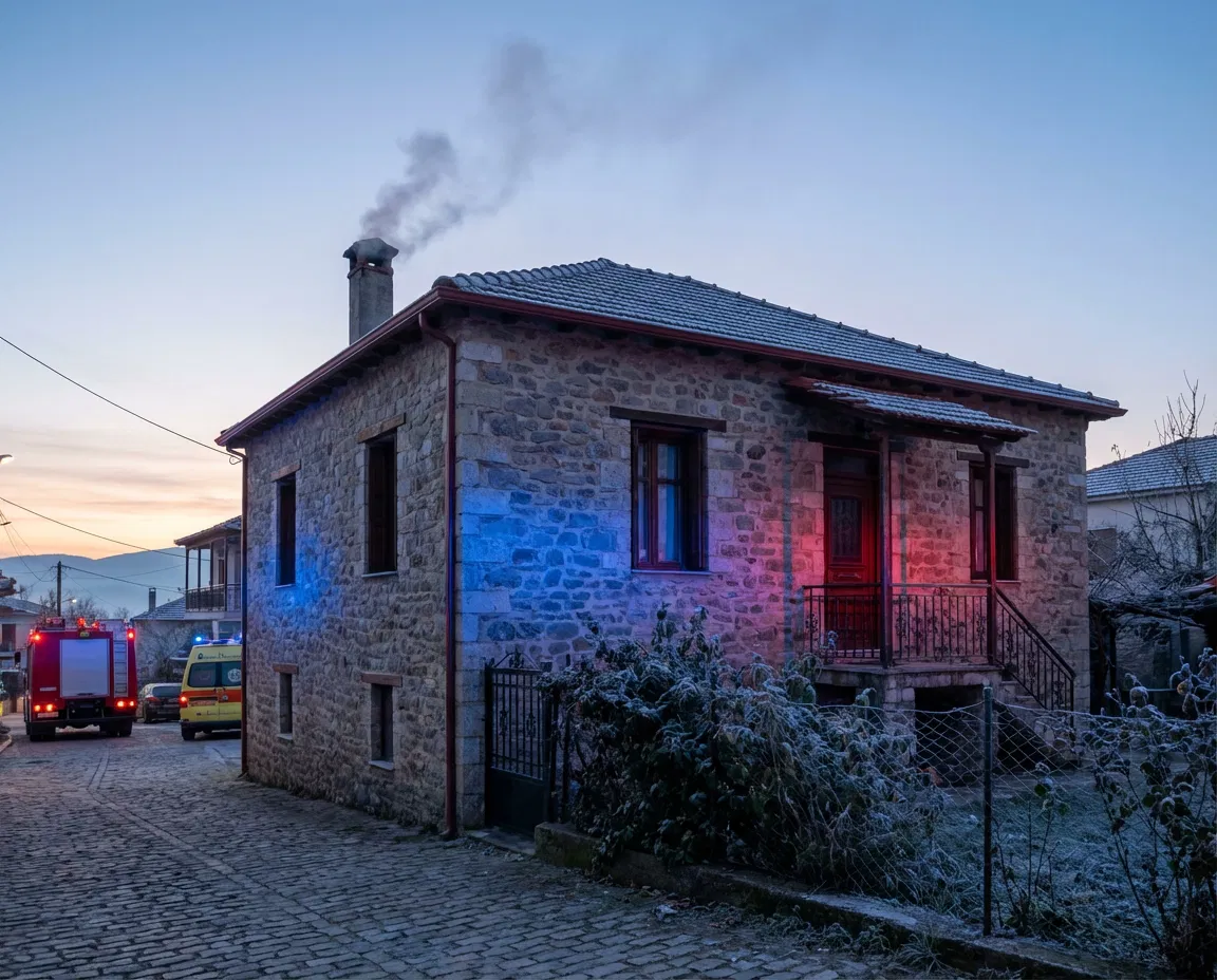 Dawn view of a modest house in Kalabaka softly lit by emergency service lights