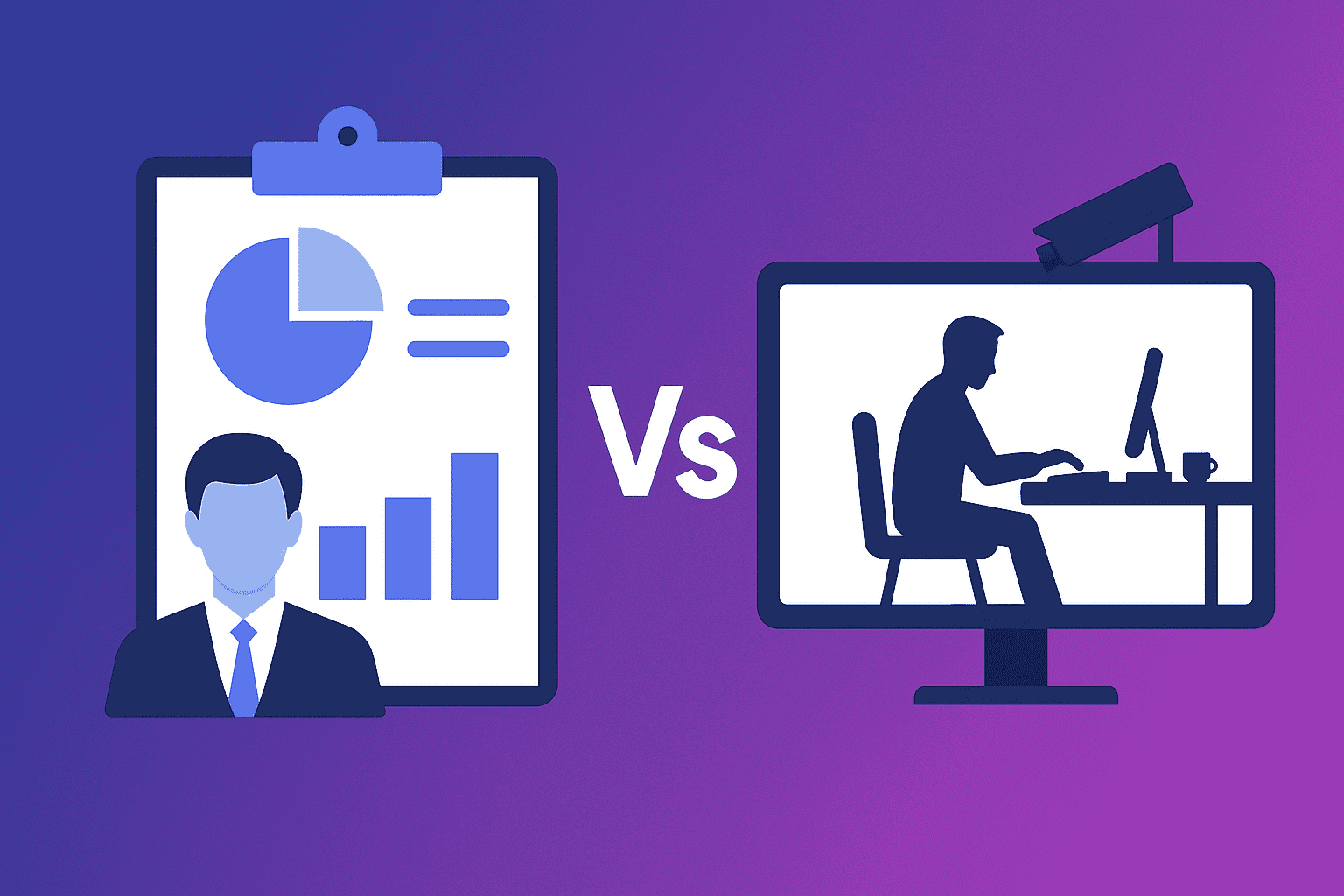 Abstract digital illustration contrasting freedom and control in time tracking, using geometric shapes and lighting to symbolize the balance between trust-based management.
