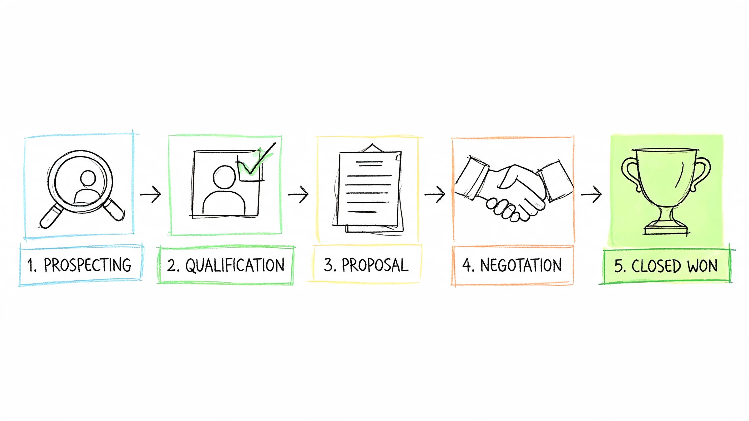 A hand-drawn illustration showing the five sequential stages of a sales pipeline management process.