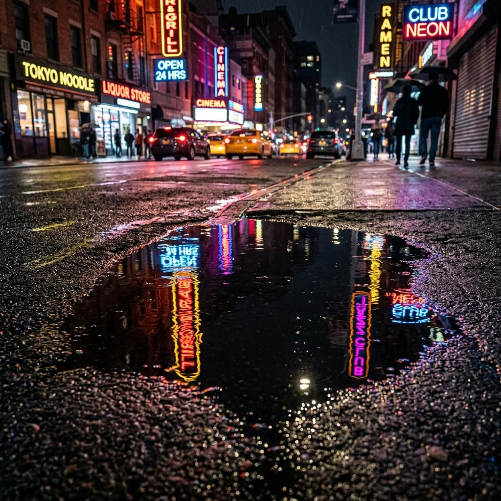 A night shot of a puddle on a city street reflecting neon signs, realistic water ripples, sharp focus on the asphalt texture, cinematic lighting.