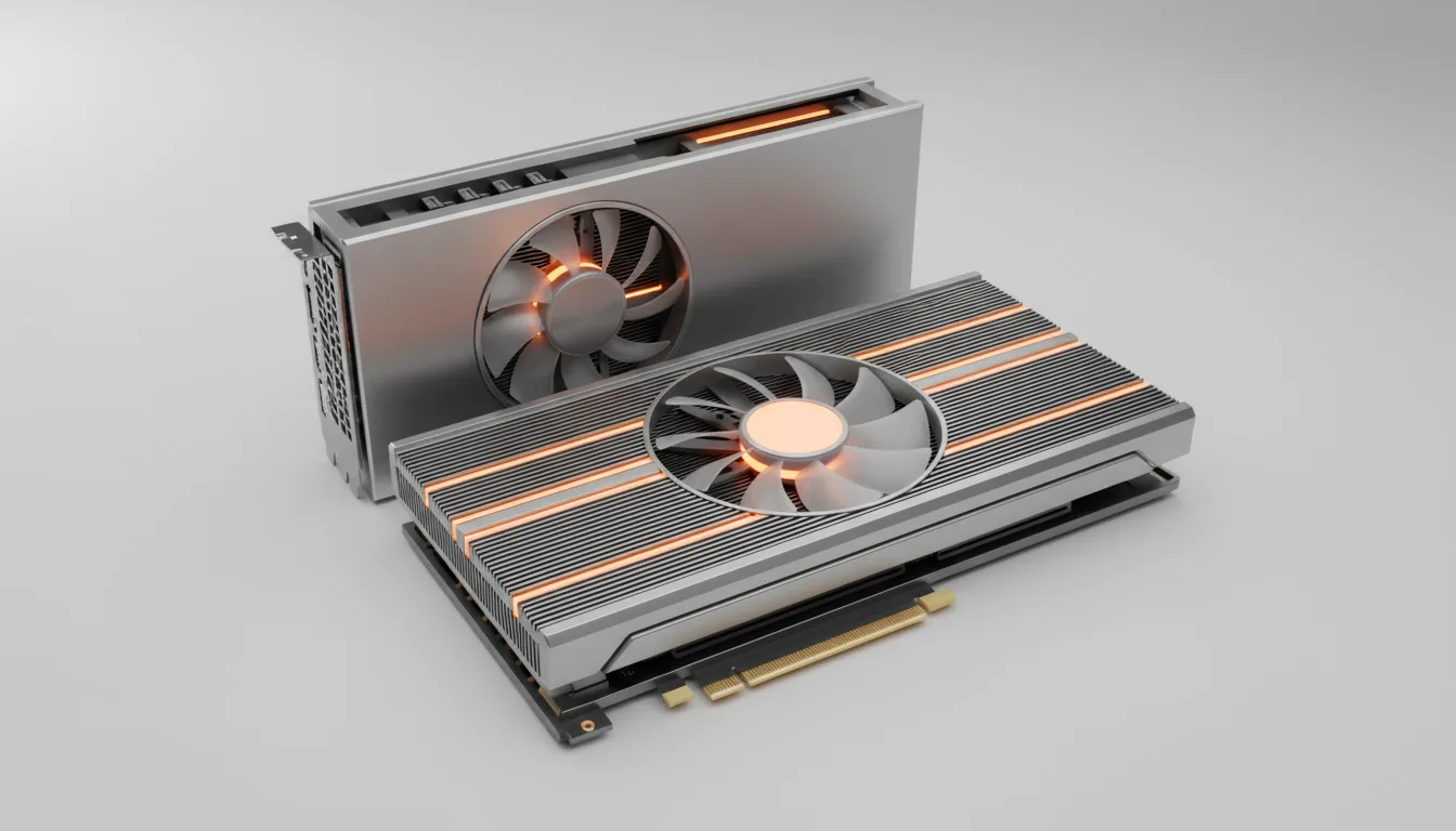 3D product render of two futuristic, high-end graphics cards, minimalist high-tech aesthetic, matte brushed silver aluminum casing, clean light grey studio backdrop, soft global illumination. The foreground GPU features a large array of horizontal cooling fins with thin glowing orange accent lines, and a single large translucent cooling fan with a vibrant orange glowing hub. The background GPU is shown from the side, revealing its gold PCI-E connector and a circular fan housing with an internal heatsink. Hyper-detailed, product visualization, Blender style.