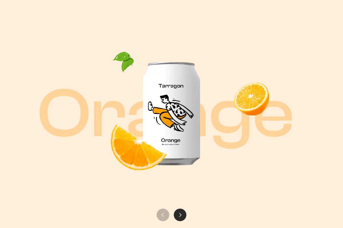 Présentation ludique du soda « Tarragon Orange » montrant une canette blanche entourée de tranches d'orange flottantes.