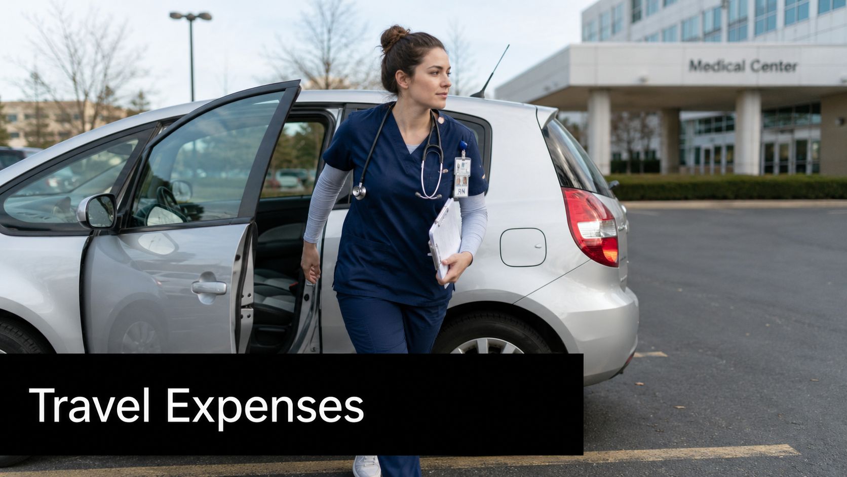 A female nurse stepping out of her car at a medical center parking lot for work.