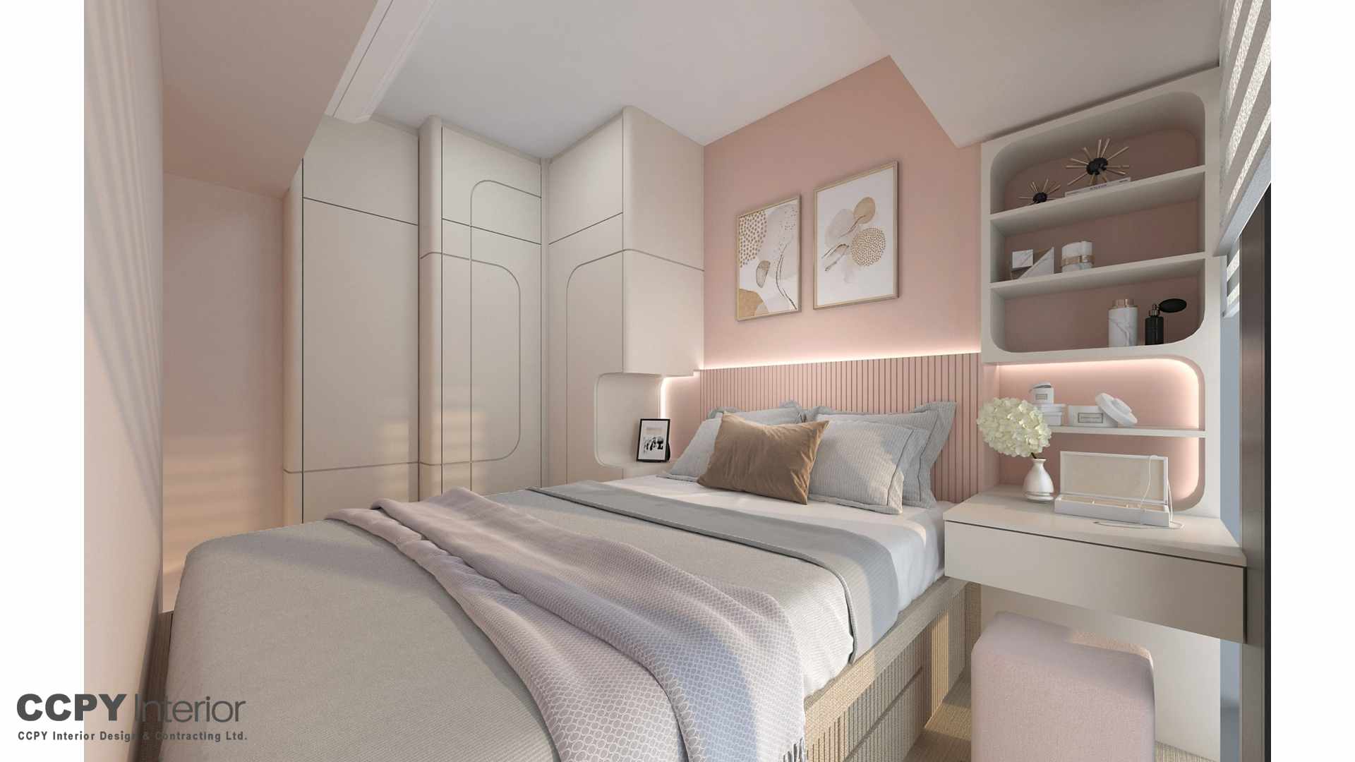 Modern bedroom with pink wall and large wardrobe