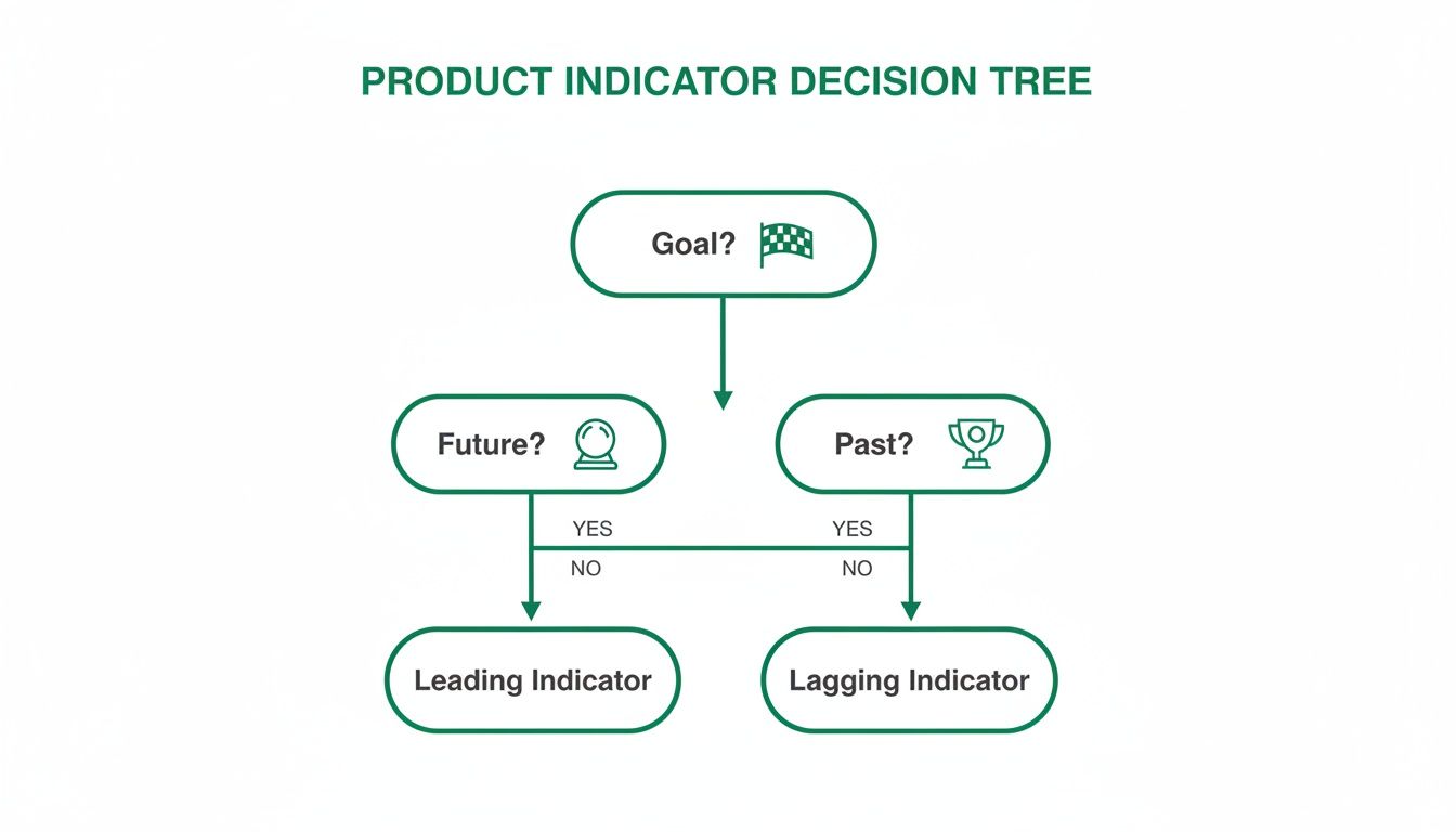 A product indicator decision tree diagram classifying indicators based on future or past focus.