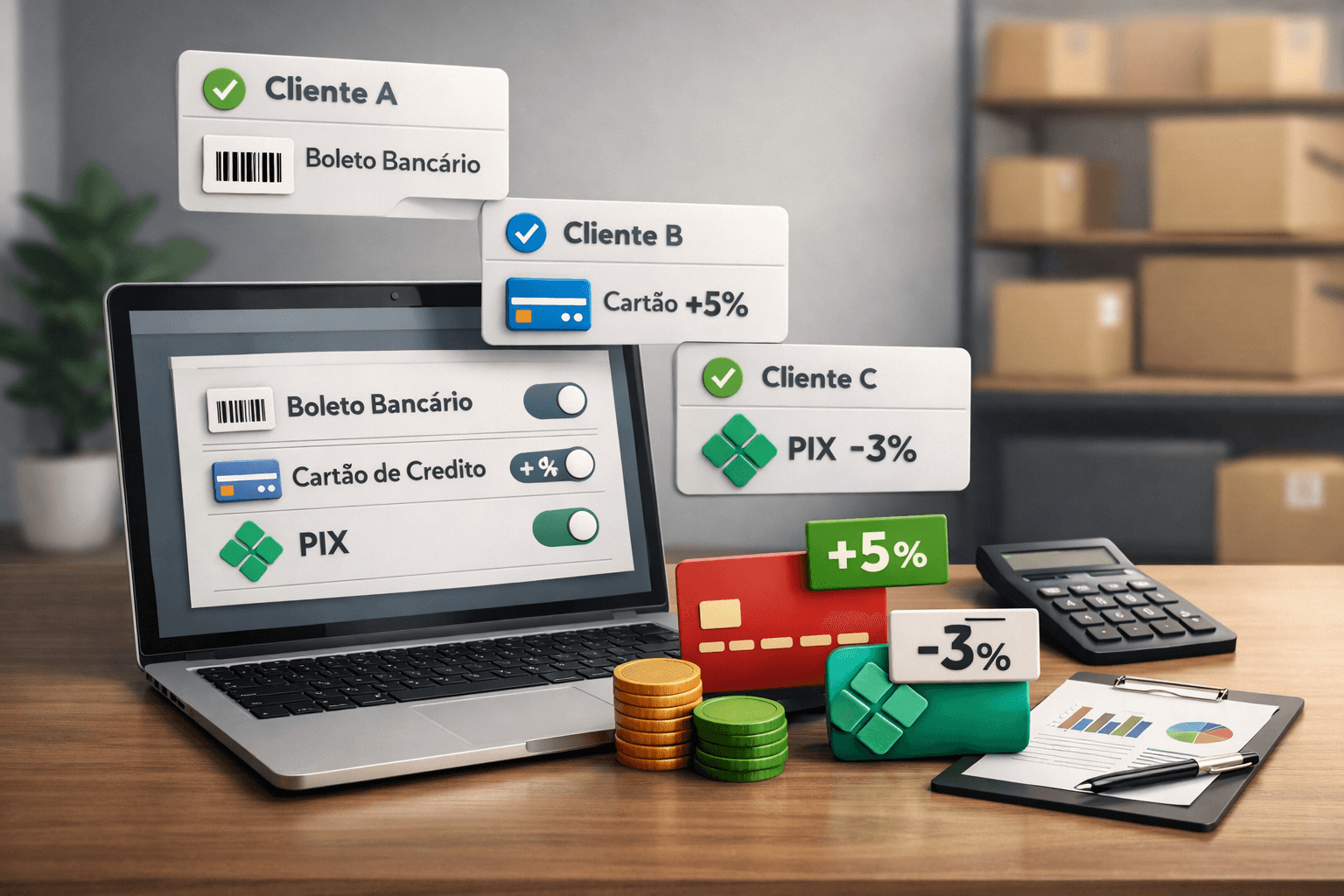 Ilustração 3D minimalista em formato 16:9 mostrando um laptop sobre uma mesa, com elementos flutuantes representando formas de pagamento no e-commerce B2B. Há cartões e ícones distintos para diferentes clientes, indicando regras específicas de pagamento. Alguns métodos aparecem com acréscimo (como cartão) e outros com desconto (como Pix), além de um símbolo associado a boleto. O ambiente é limpo, com poucos objetos ao redor, estilo realista e sem qualquer texto na imagem.