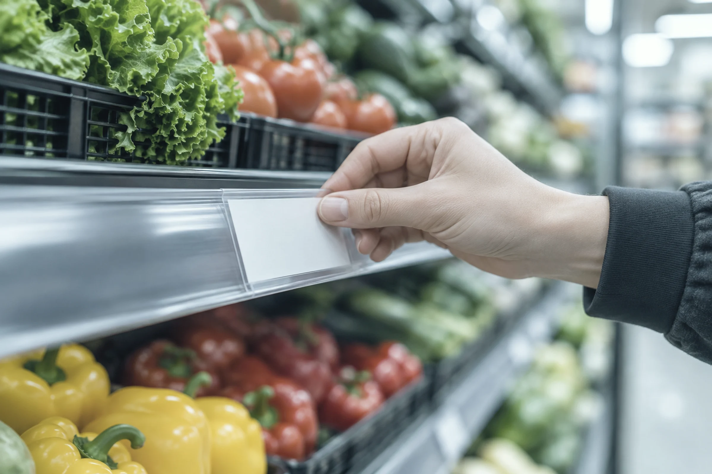 A hand placing a blank price label on a supermarket shelf